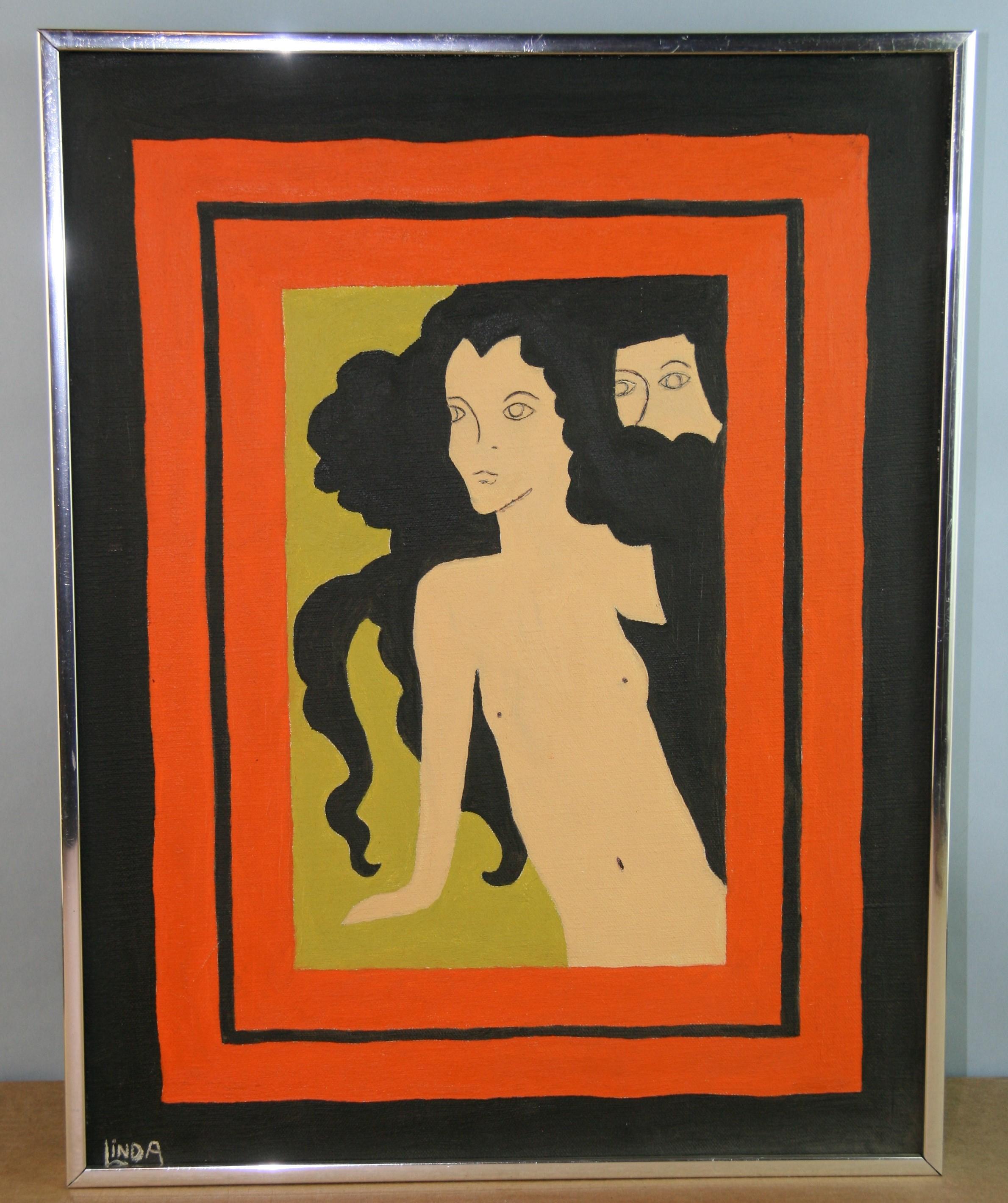 Unknown Figurative Painting - Vintage  Surreal Female Figural Acrylic Painting "Two Sides of Me"