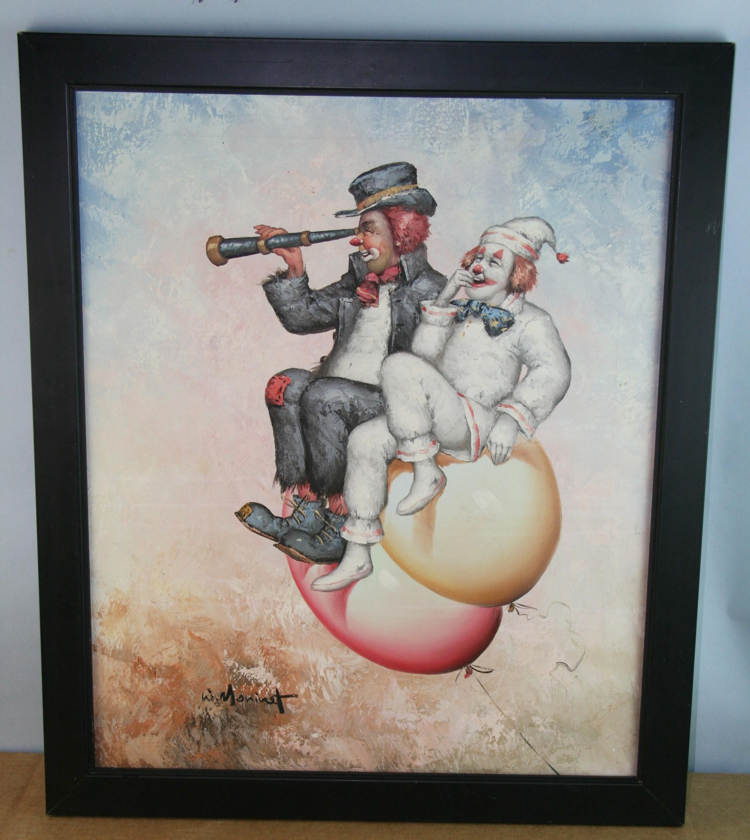 Modern Surreal Figurative Oil Painting Clowns on flying Balloons by W.Morinet - Gray Figurative Painting by Unknown