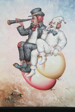 Peinture à l'huile moderne surréaliste représentant des clowns sur des ballons volants par W.Morinet