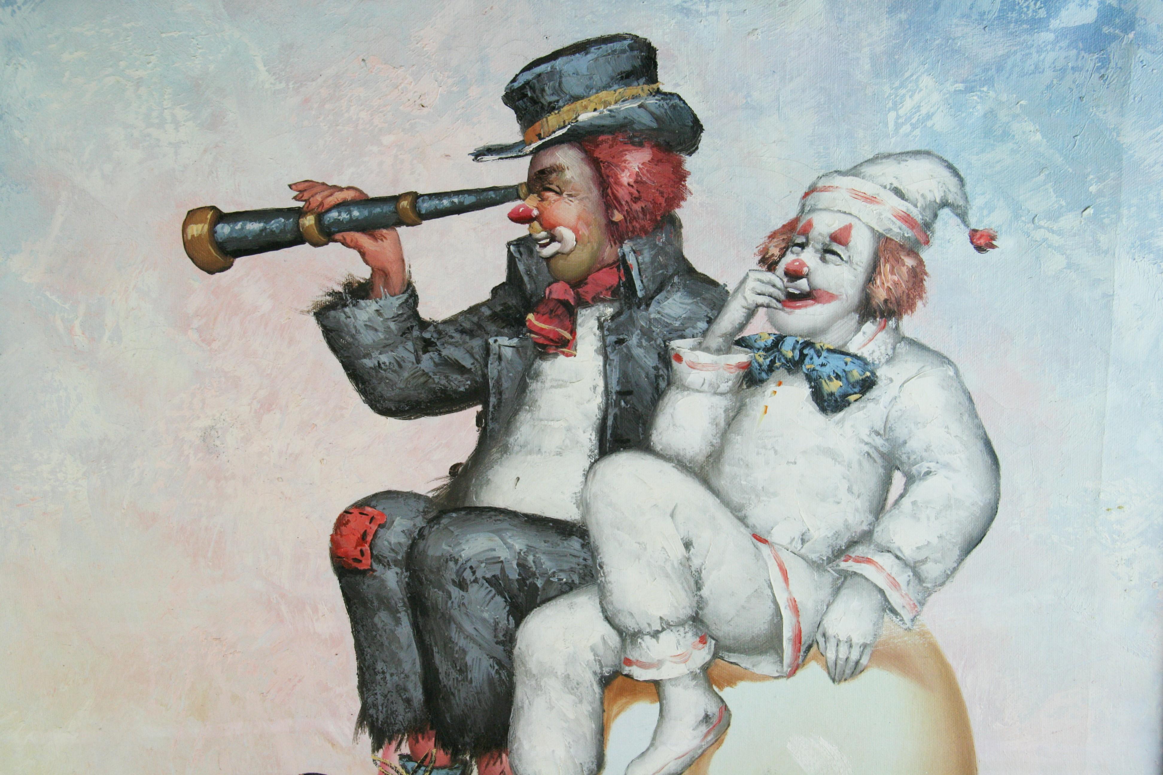 Modern Surreal Figurative Oil Painting Clowns on flying Balloons by W.Morinet For Sale 1