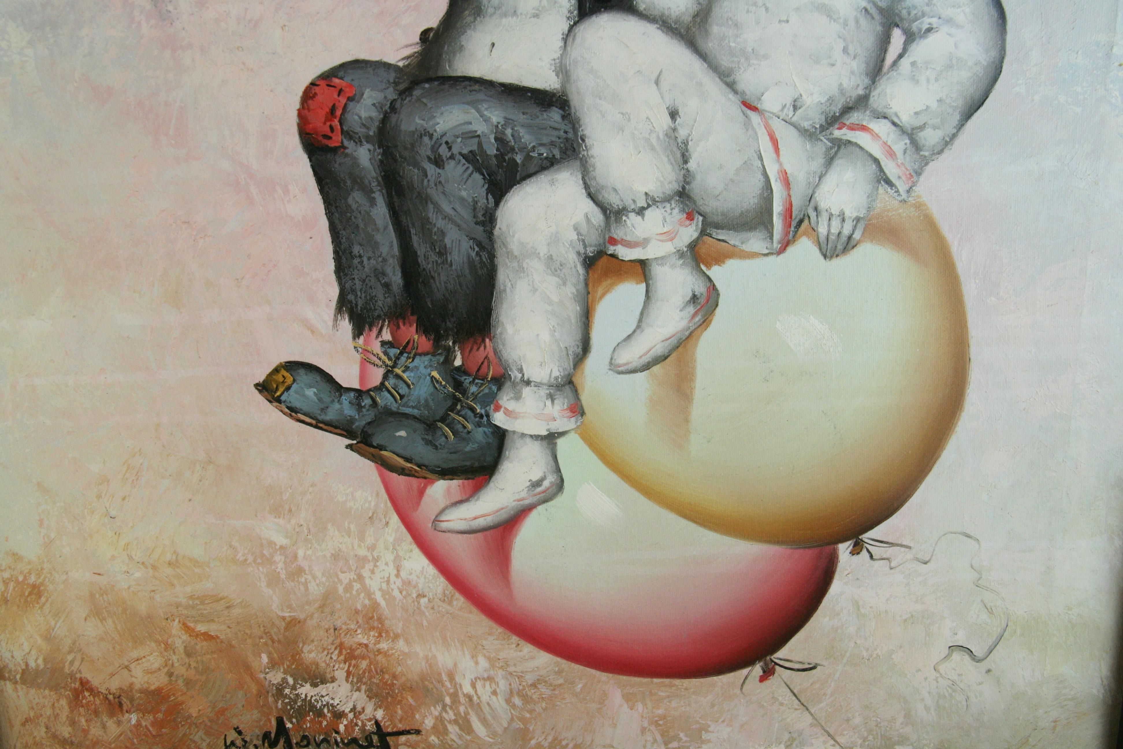 3910a   Surreal oil on canvas set in a black frame
Two clowns on a flying balloon
Signed W.Morinet