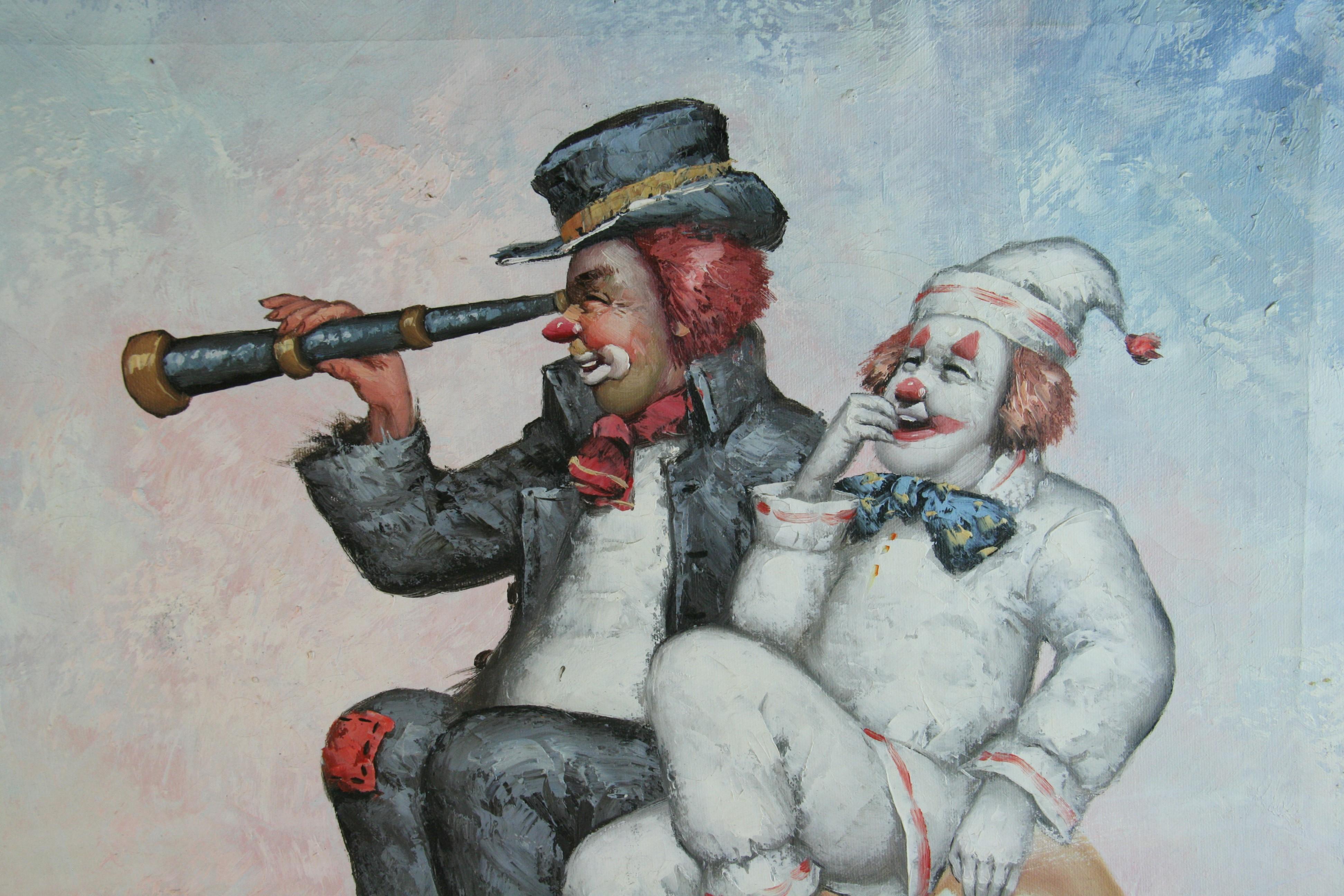 Modern Surreal Figurative Oil Painting Clowns on flying Balloons by W.Morinet For Sale 4