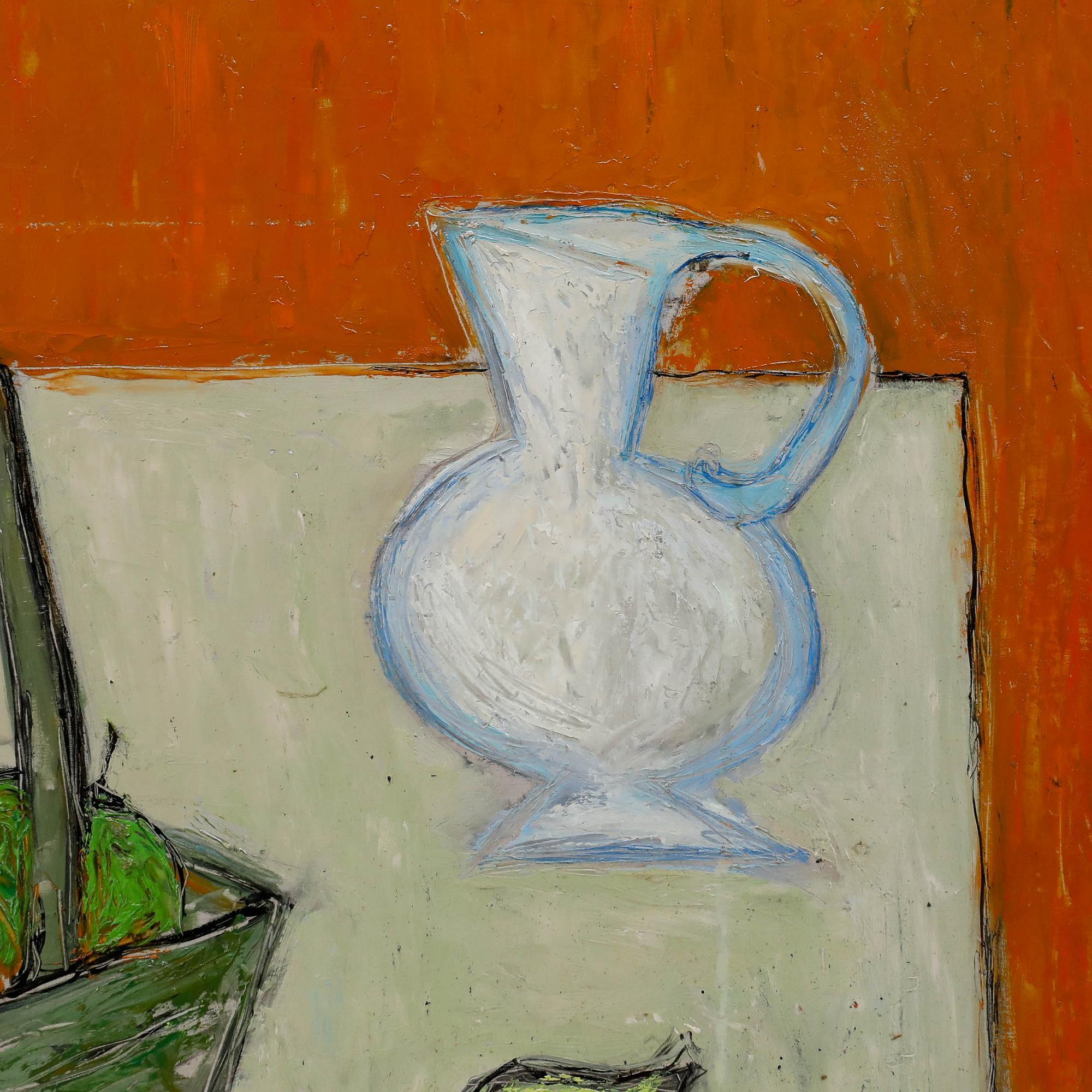 Dieses auffällige Stillleben zeigt einen Obstkorb und einen weißen Krug vor einem kräftigen orangefarbenen Hintergrund. Oben links datiert und monogrammiert 