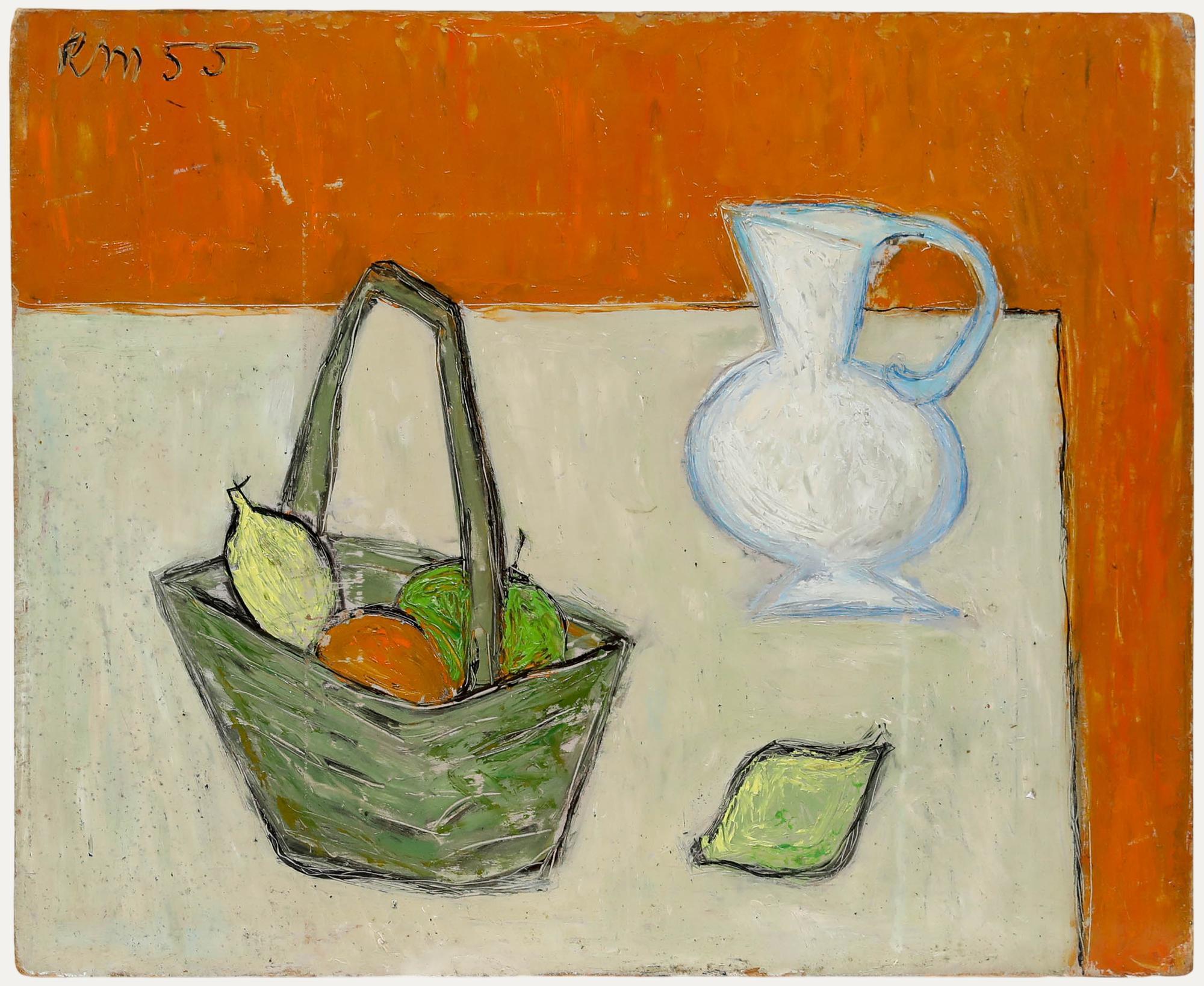 Modernist 1955 Öl - Stilleben mit Obstkorb