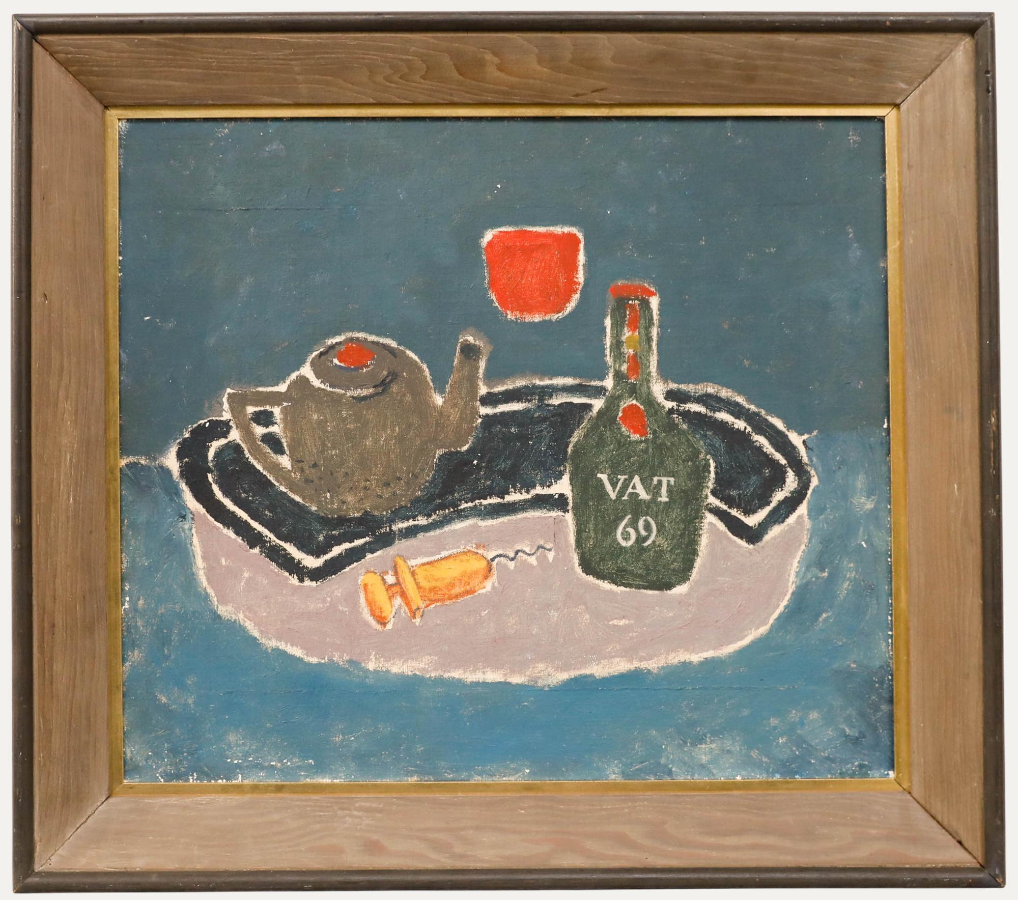 Unknown Still-Life Painting – Modernistisches Öl des 20. Jahrhunderts - Tee und Whisky