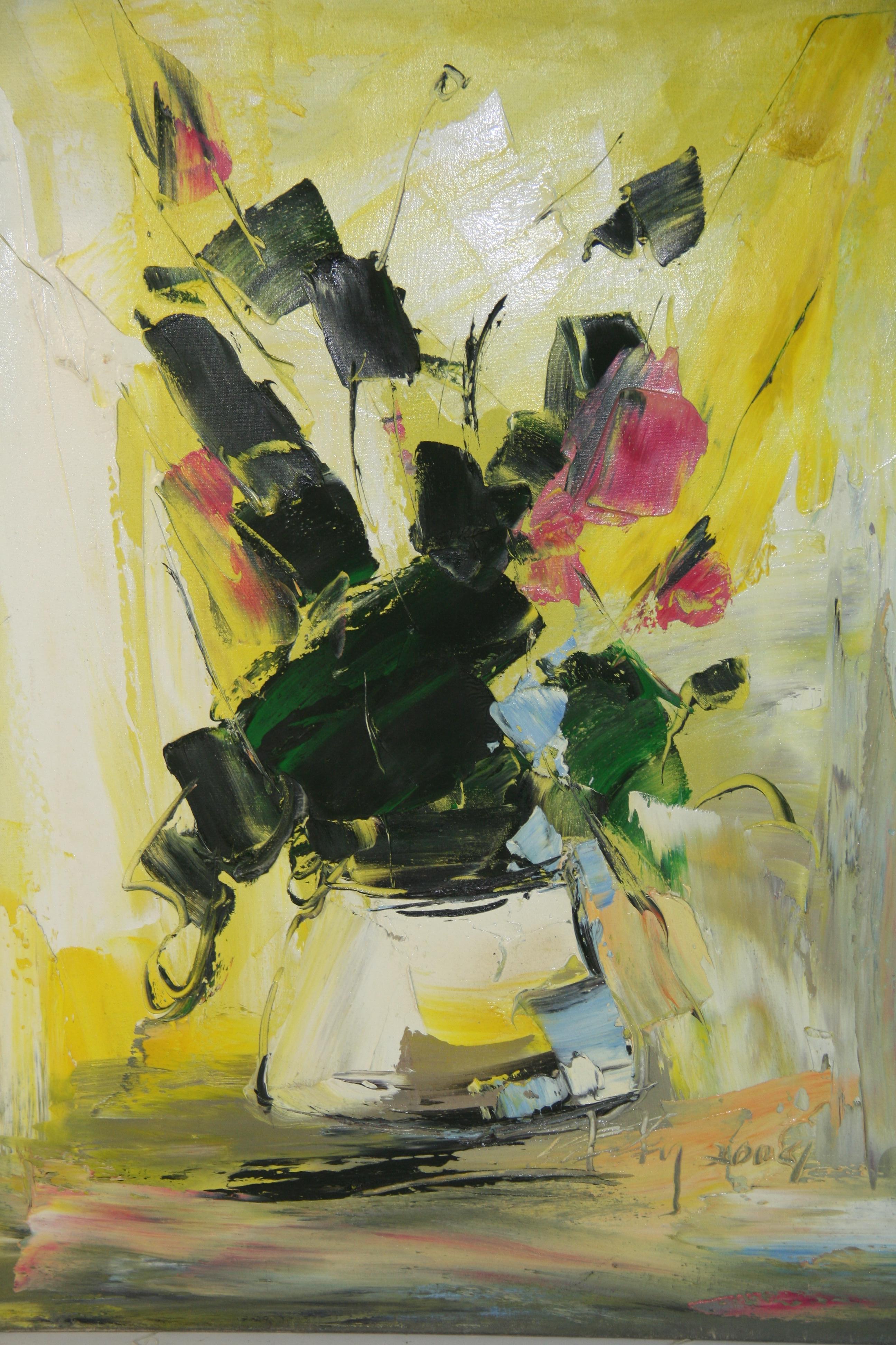 Astratto modernista  Fiori in vaso Natura morta Pittura ad olio - Still-Life Painting Marrone di Unknown