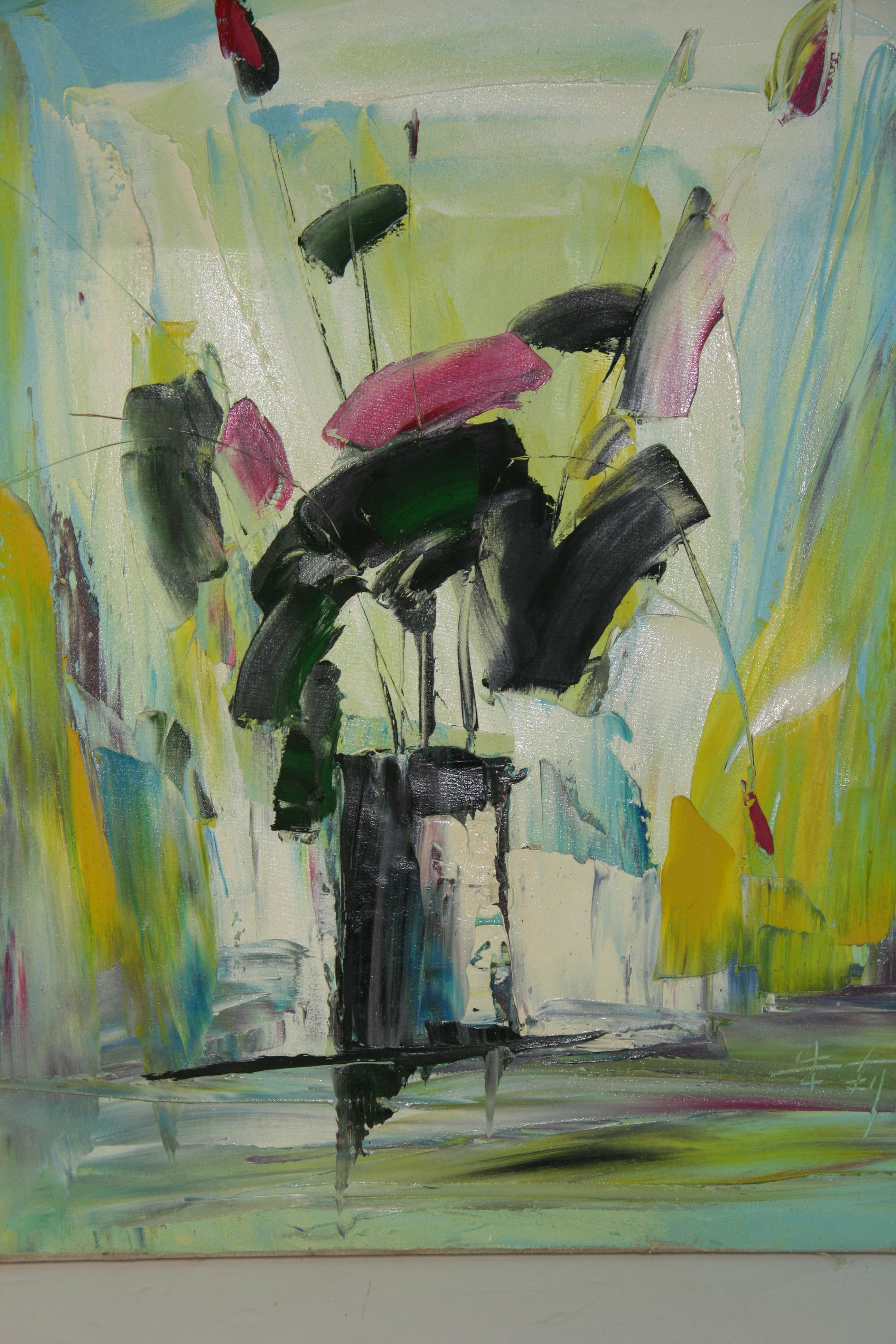 Modernist Abstract Flowers Oversized oil painting - Gray Abstract Painting by Unknown