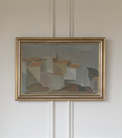 Peinture à l'huile abstraite moderniste, paysage urbain, signée, encadrée, 1960