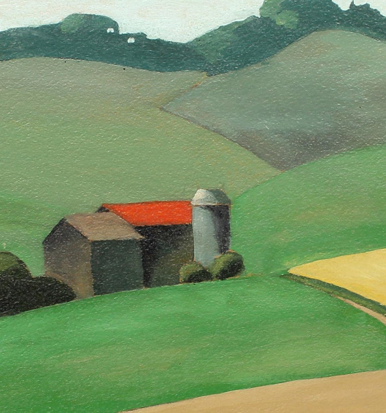 Unknown Modernist Barn Landscape Summer Country Oil Painting American Framed Green at 1stDibs