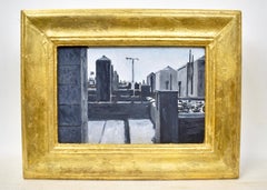Modernist Cityscape Paintign, Black And White Rooftops