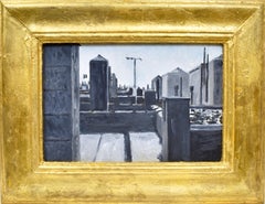 Modernist Cityscape Paintign, Black And White Rooftops