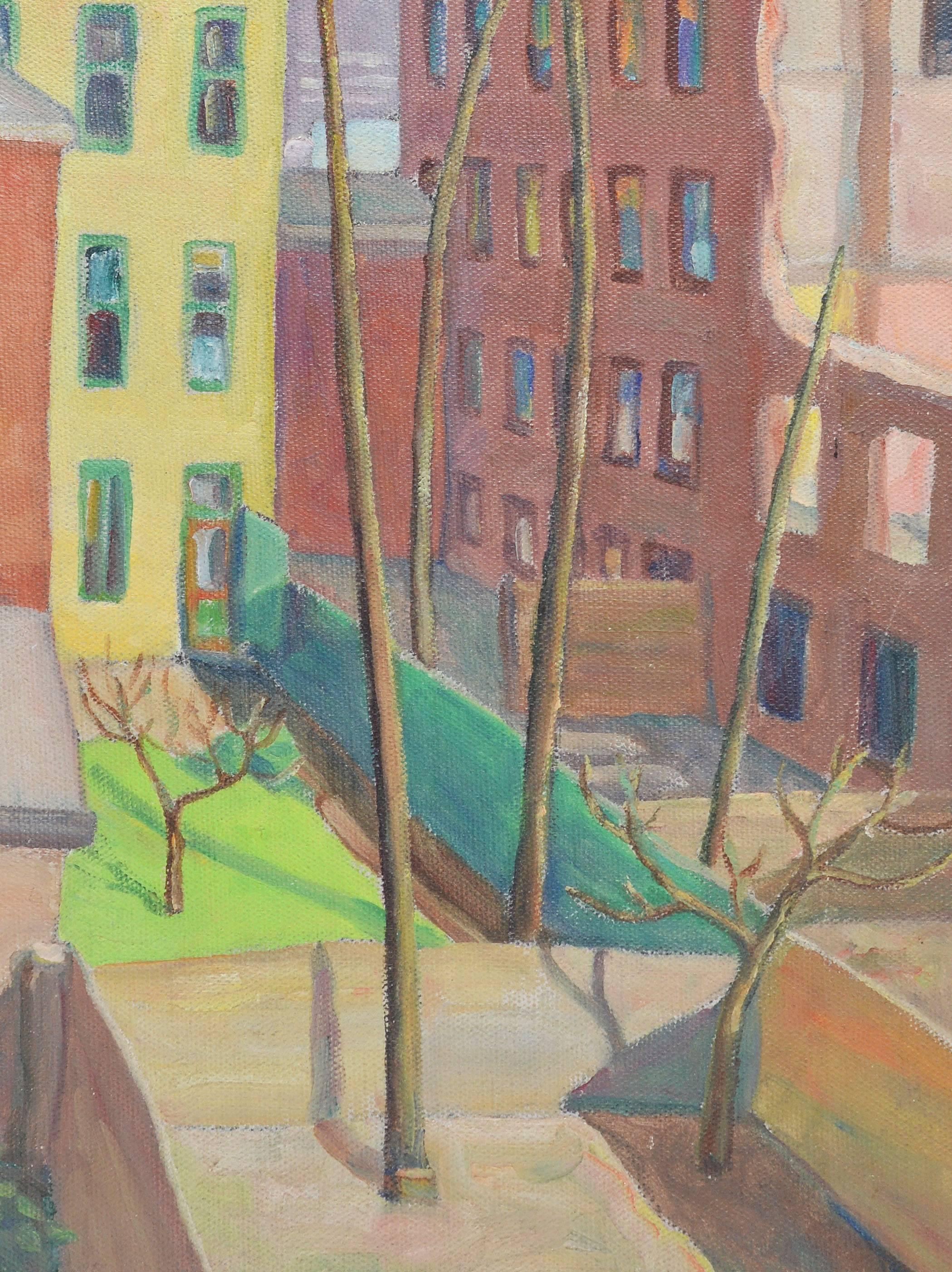 Modernist view of a cityscape.  Oil on board, circa 1940.  Unsigned.  Displayed in a black modernist frame.  Image size, 10
