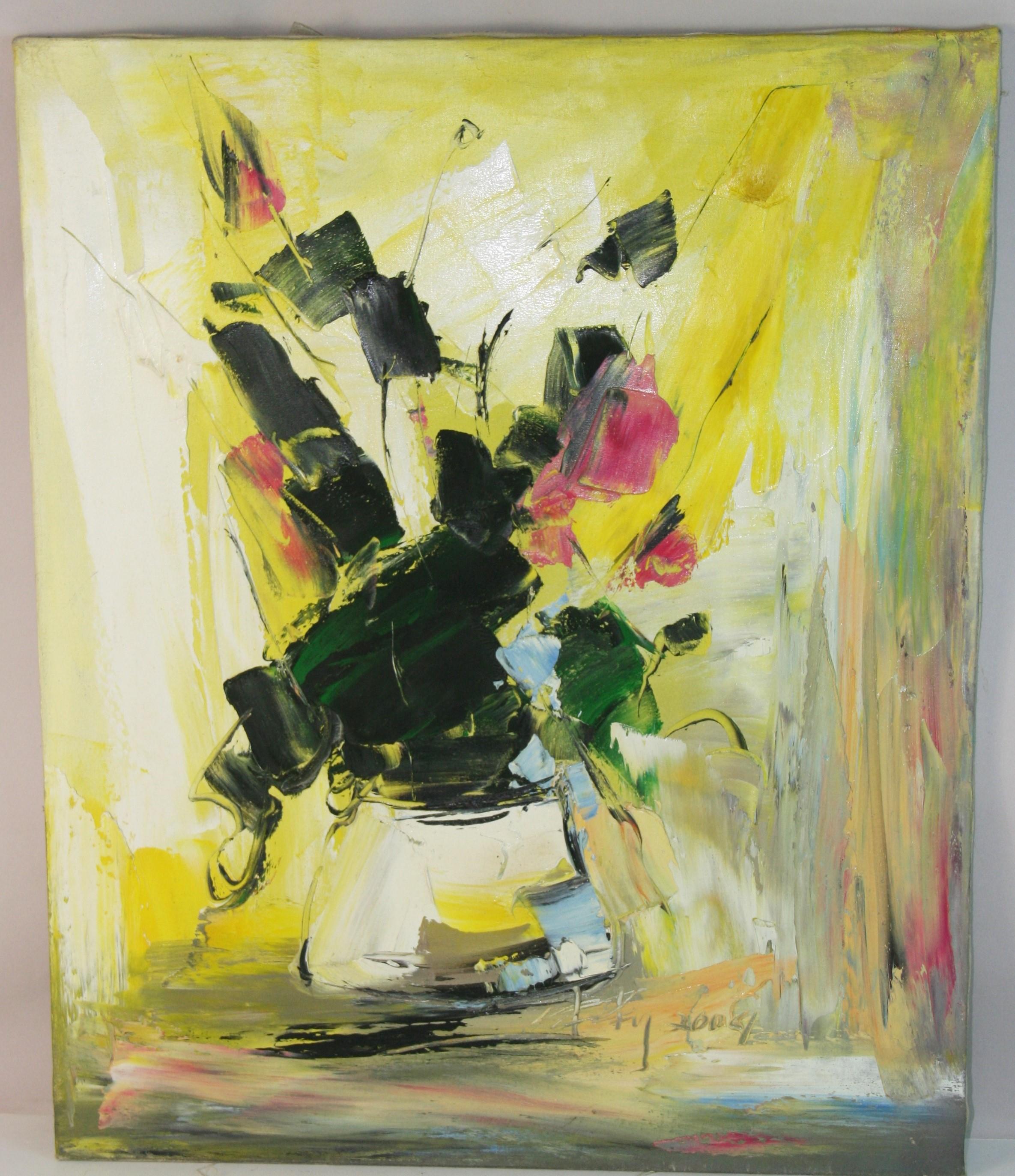 Modernist  Cubic   Flowers in a Vase Still Life Oil Painting