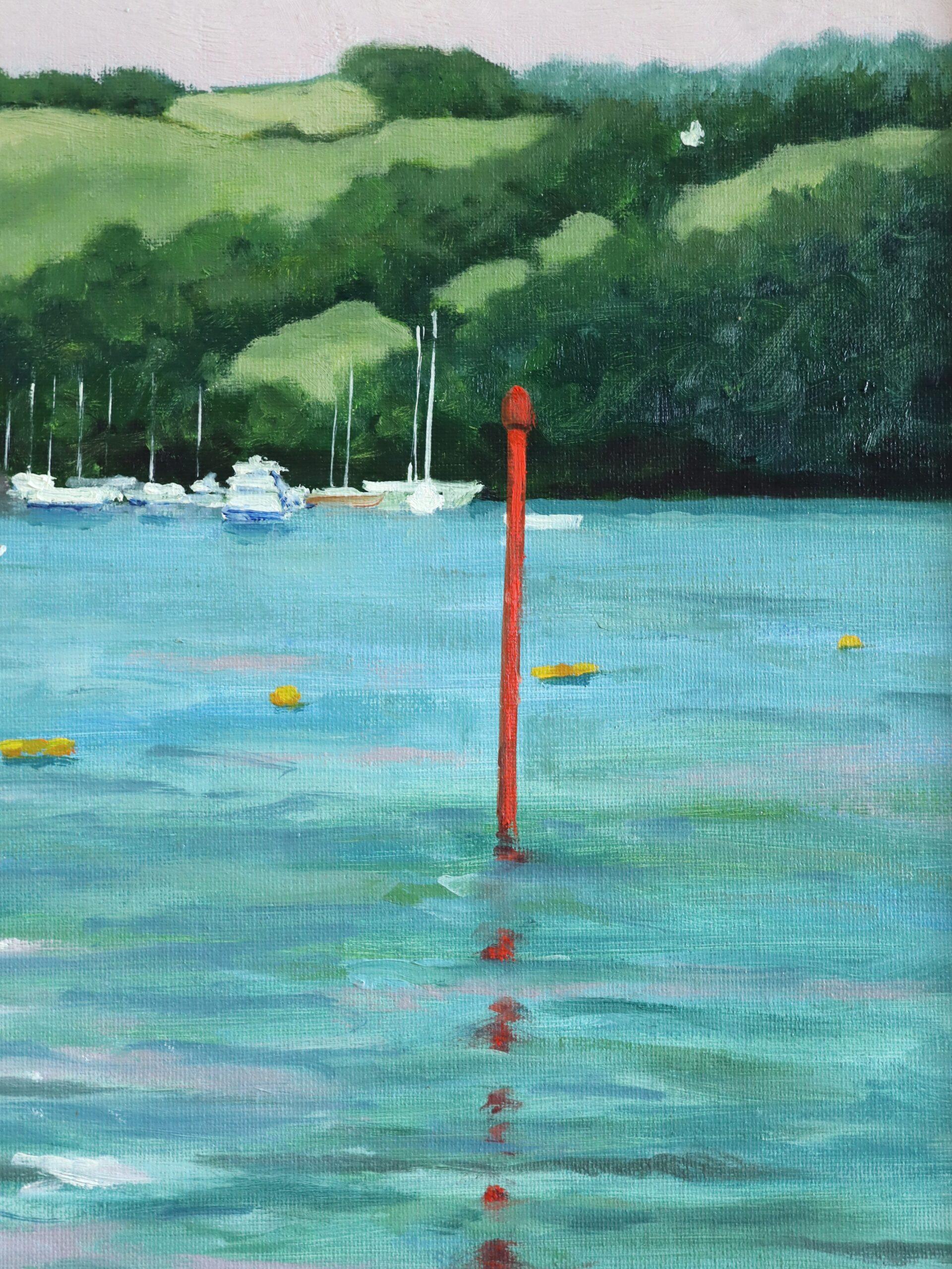 Peinture à l'huile moderniste d'un paysage expressif - Dittisham depuis le Darte en vente 6