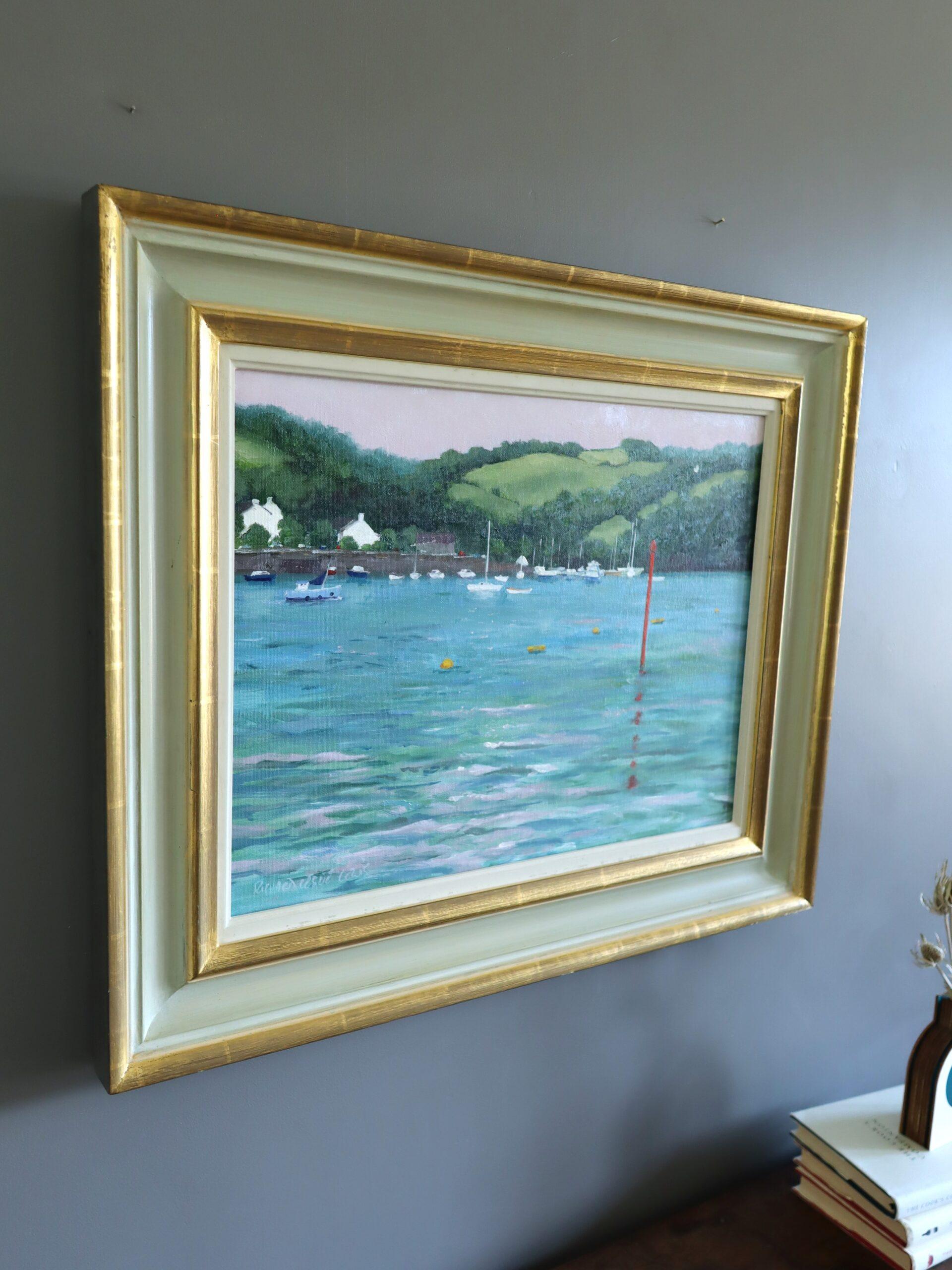 Peinture à l'huile moderniste d'un paysage expressif - Dittisham depuis le Darte - Gris Landscape Painting par Unknown