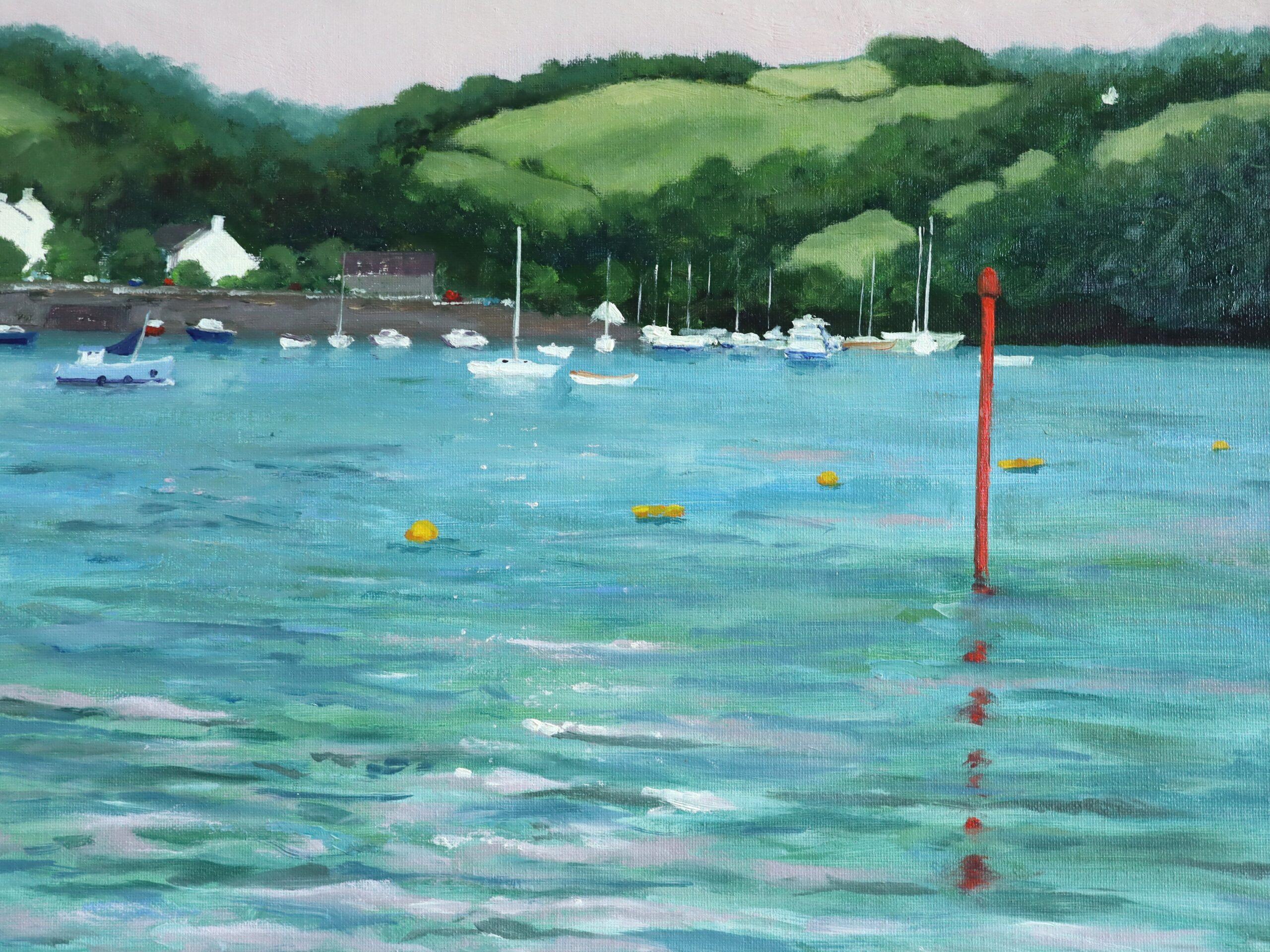 Peinture à l'huile moderniste d'un paysage expressif - Dittisham depuis le Darte en vente 3