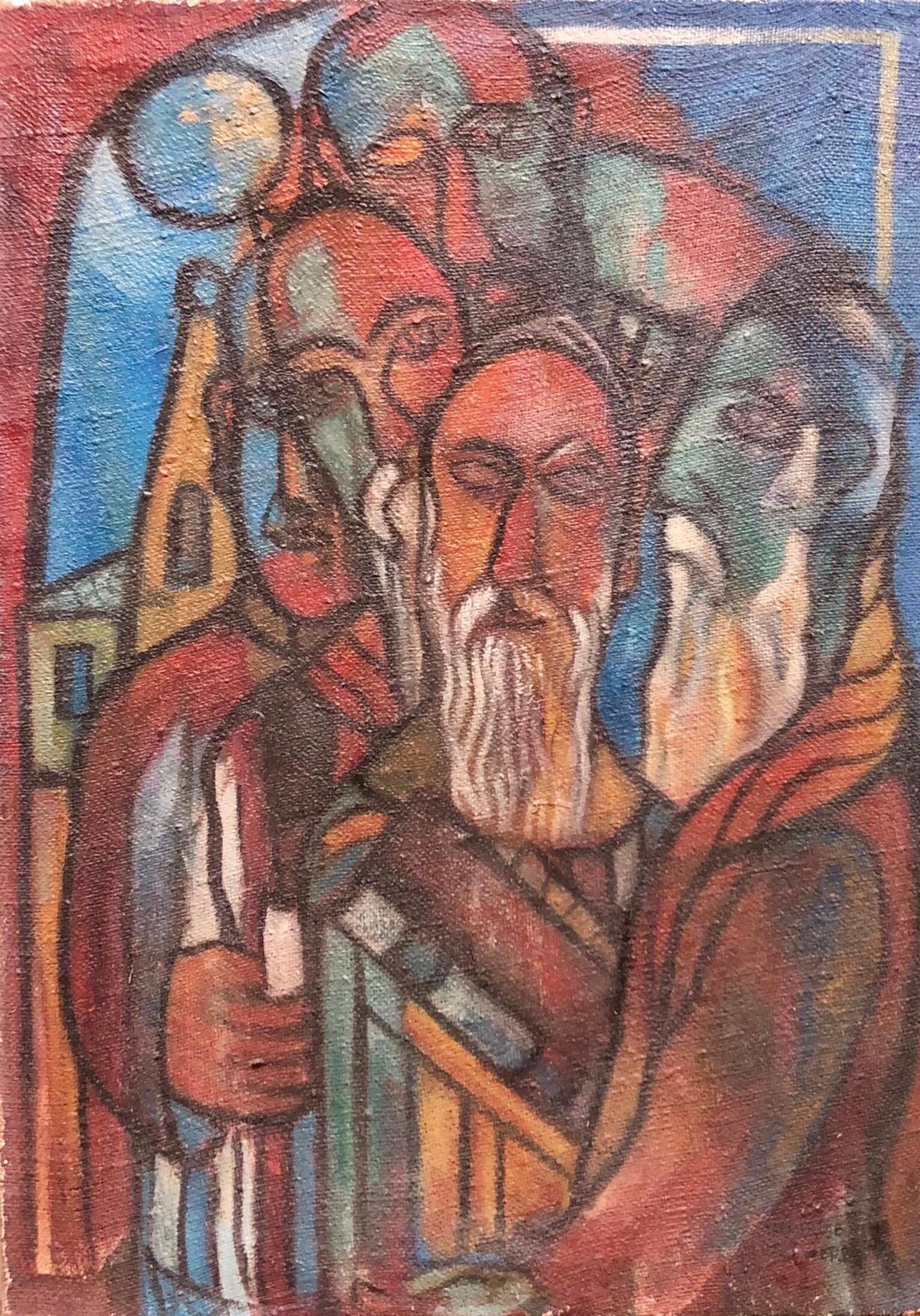 This is a modernist Judaic painting of a Jewish scene of the Kiddush Levanah prayer.  The monthly hebrew blessing on the new moon. It is not dated but I am estimating it to the 1940s
It is signed Maurice S*** but i cannot make out the last name. I