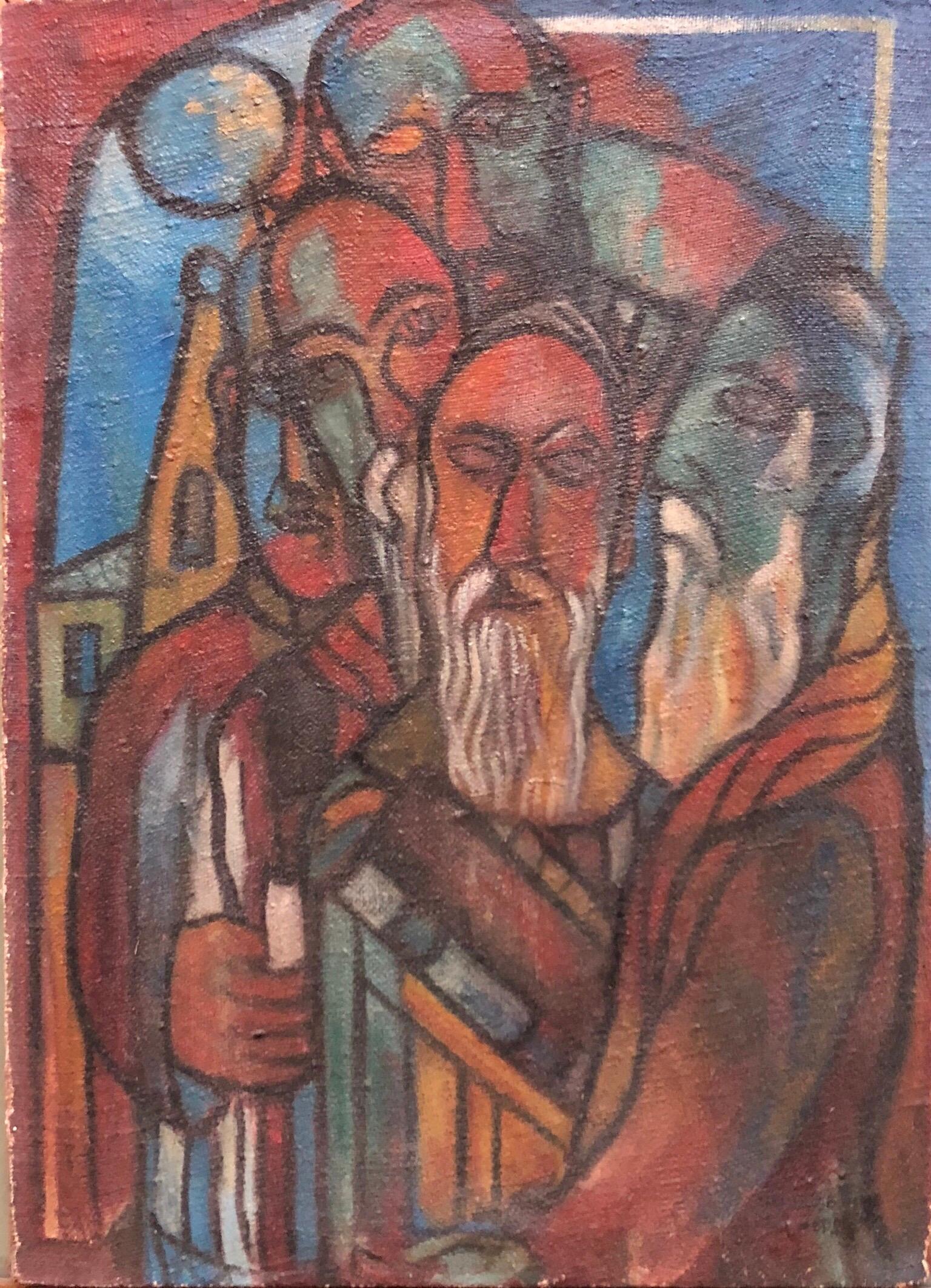 Es handelt sich um ein modernistisches jüdisches Gemälde, das eine jüdische Szene des Kiddusch-Levanah-Gebetes darstellt.  Der monatliche hebräische Segen zum Neumond. Sie ist nicht datiert, aber ich schätze sie auf die 1940er Jahre.
Es ist mit