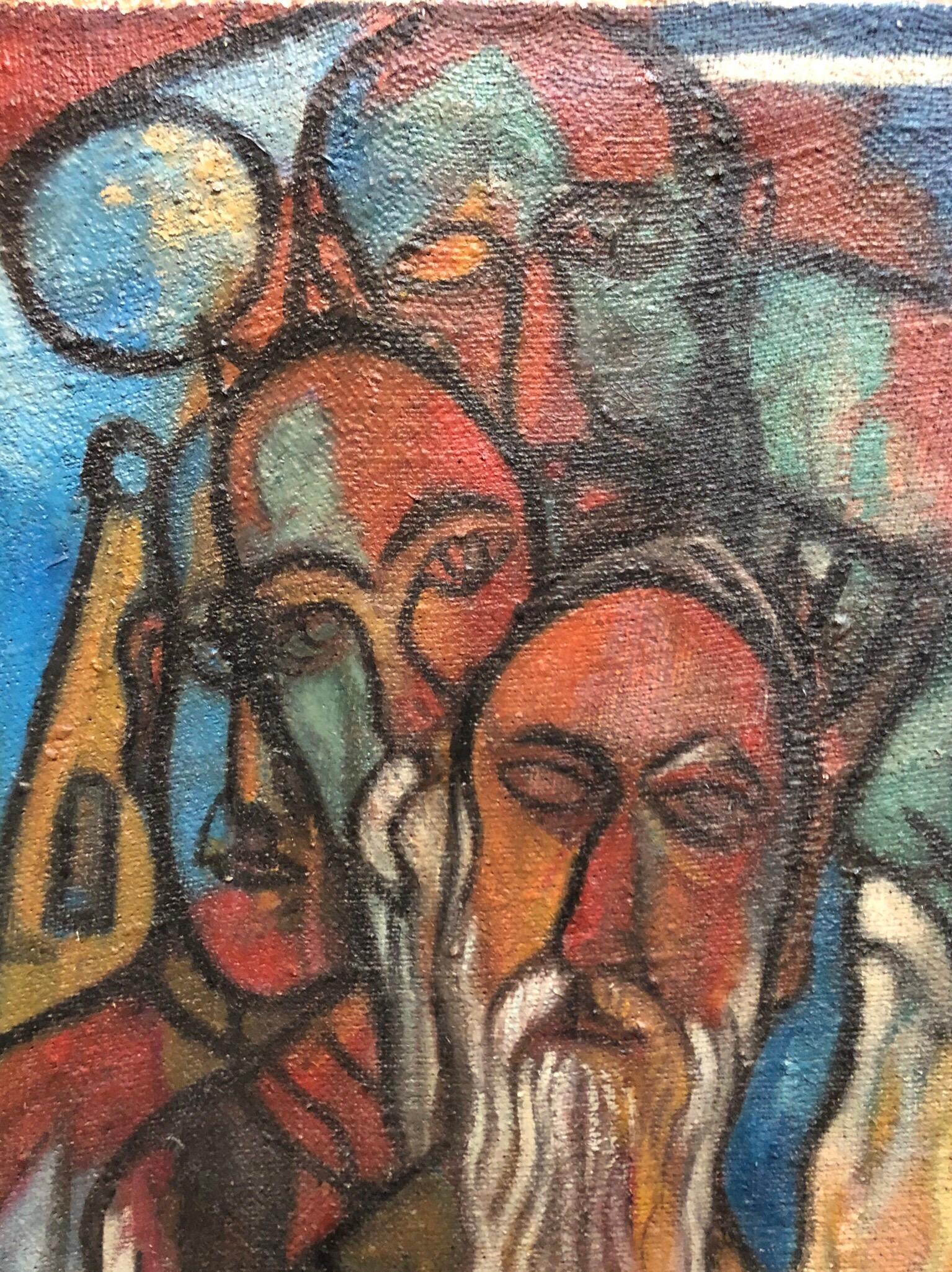 Il s'agit d'une peinture judaïque moderniste représentant une scène juive de la prière du Kiddush Levanah.  La bénédiction hébraïque mensuelle de la nouvelle lune. Il n'est pas daté mais j'estime qu'il date des années 1940.
Il est signé Maurice I+I,