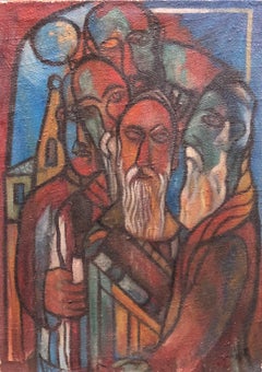 Modernist Judaica Oil Painting Blessing the New Moon, Jewish Prayer 