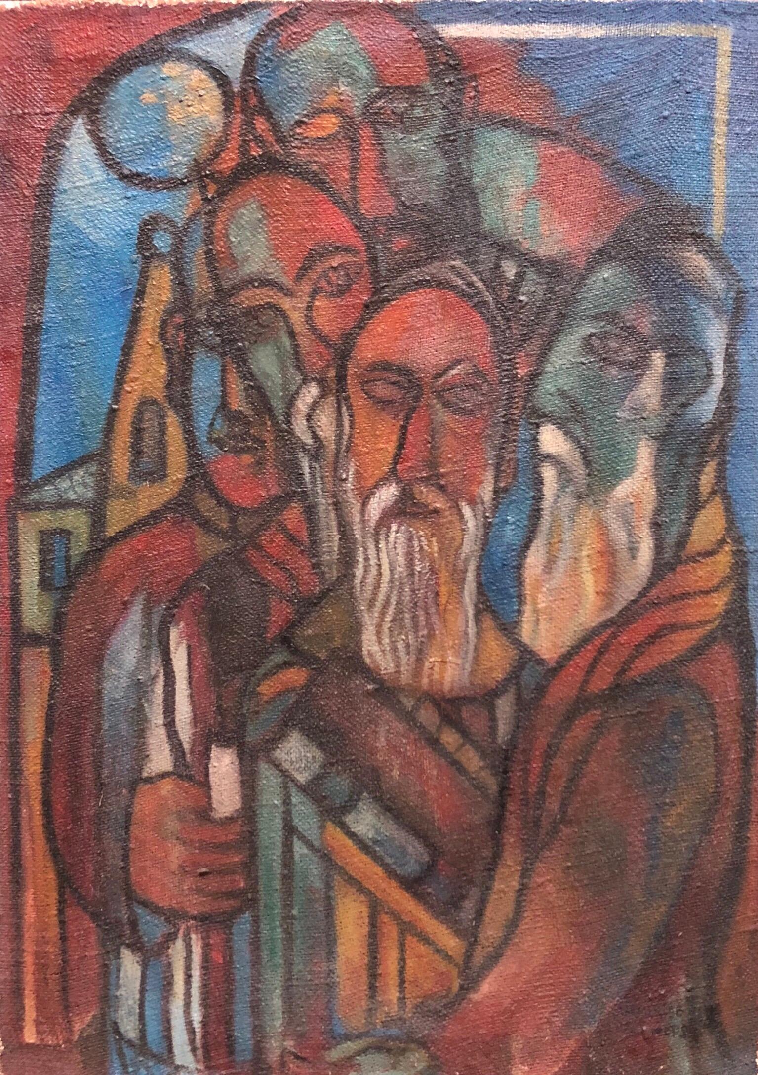 Figurative Painting Unknown - Peinture à l'huile moderniste Judaica Blessing the New Moon, Jewish Prayer (Prière juive) 