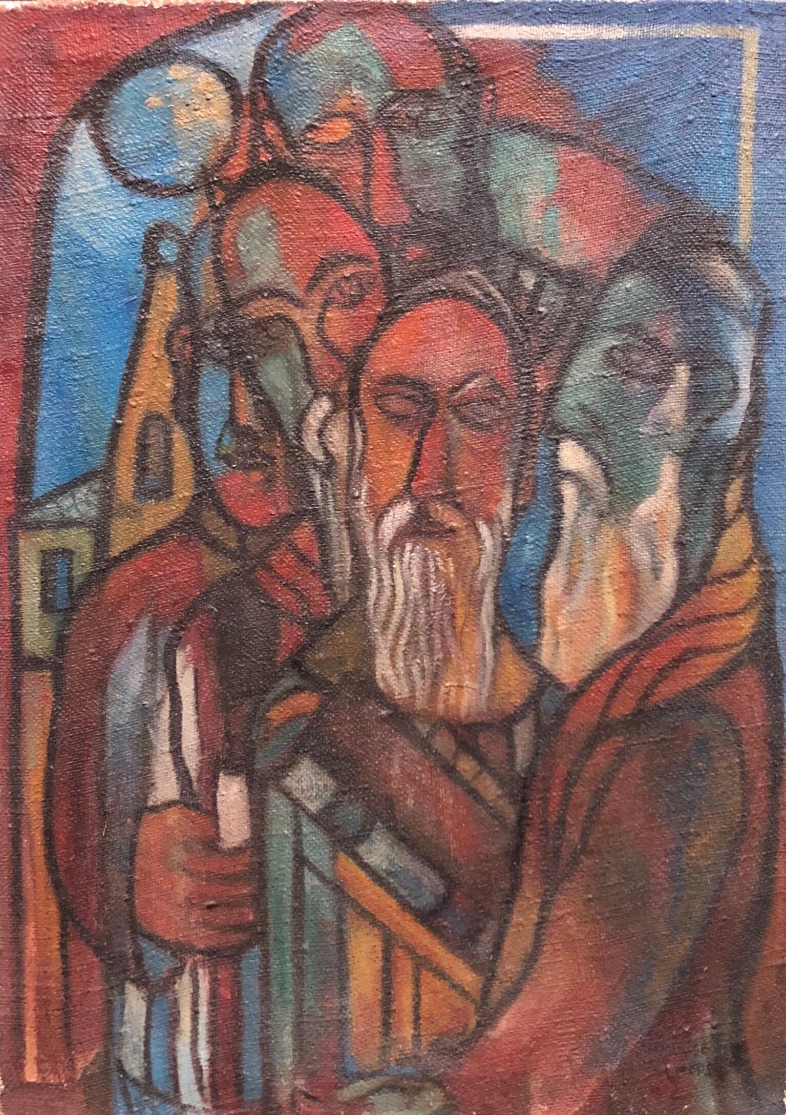 Figurative Painting de Unknown - Pintura al óleo judaica modernista Bendición de la New Moon, Oración judía