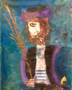 Modernist Judaica Oil Painting Hassid with Lulav, Etrog on Sukkot Jewish Prayer 