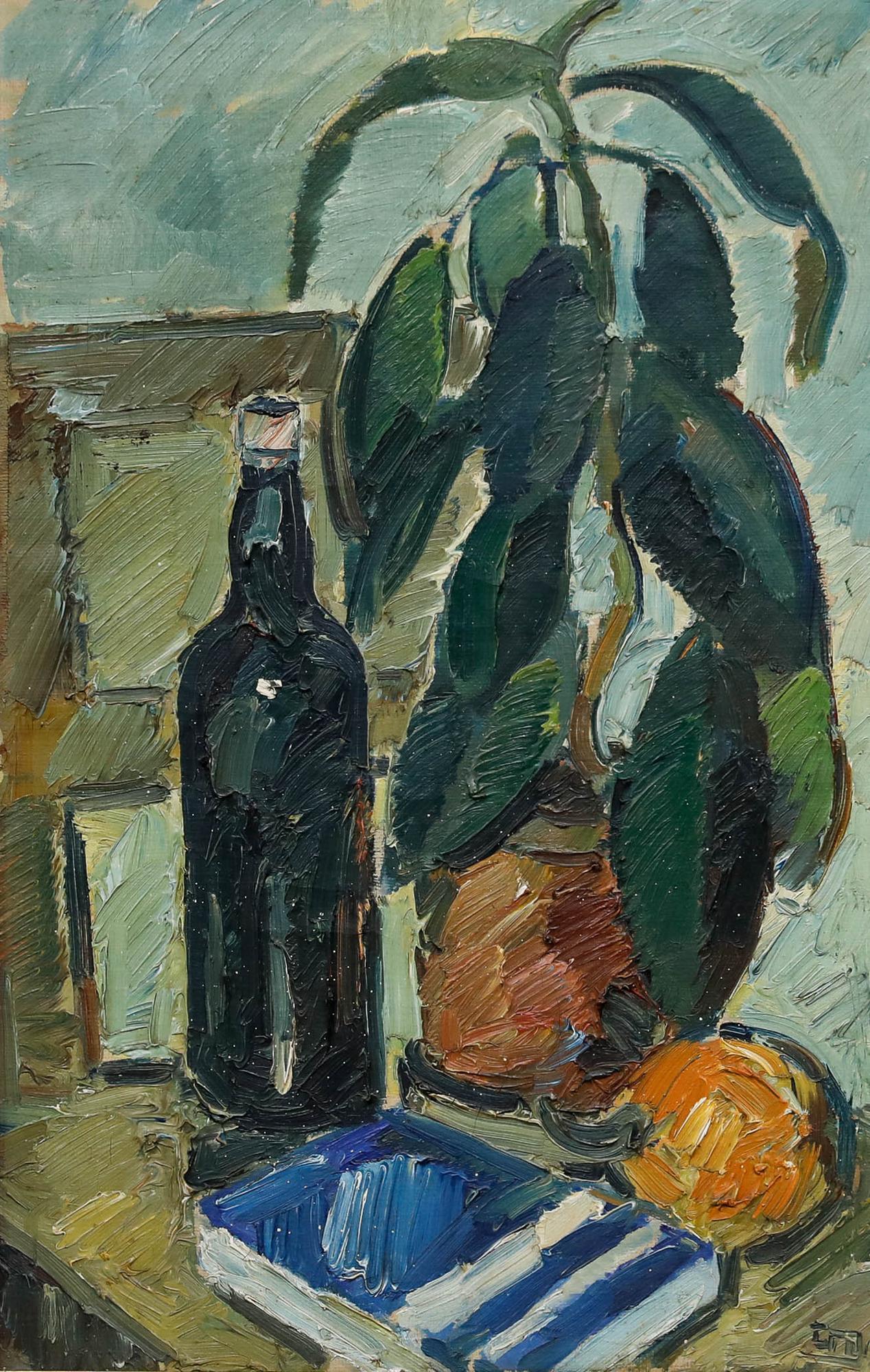 Huile moderniste du milieu du 20e siècle - Nature morte à l'hévéa - Painting de Unknown