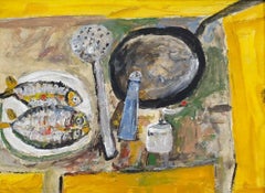 Huile moderniste du milieu du 20e siècle - Nature morte au poisson