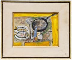 Huile moderniste du milieu du 20e siècle - Nature morte au poisson