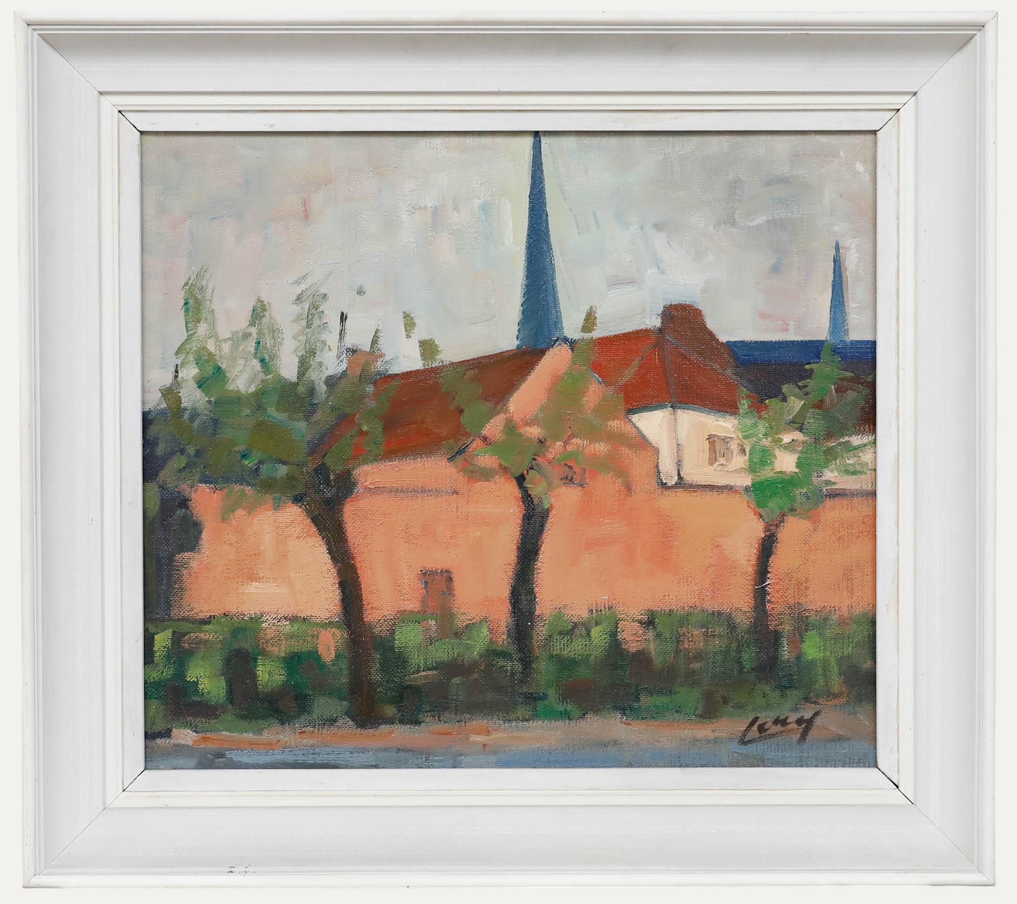 Huile moderniste du milieu du 20e siècle - Église de village