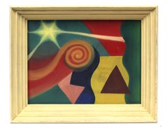 Modernist Mid Century Colorful Painting Framed Abstract Star Bright Period 
