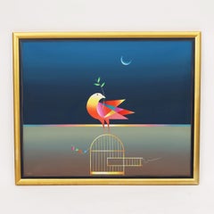 Pittura a olio su tela modernista di un uccello
