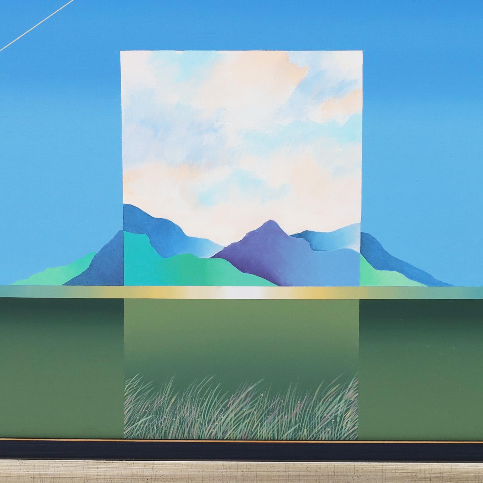 Spannendes Ölgemälde auf Leinwand mit einer bunten Taube auf einem Rad mit geometrischen Verwicklungen unter einem Halbmond und über einer Landschaft. Ausgeführt in einem modernen surrealistischen Stil. Signiert vom bekannten brasilianischen
