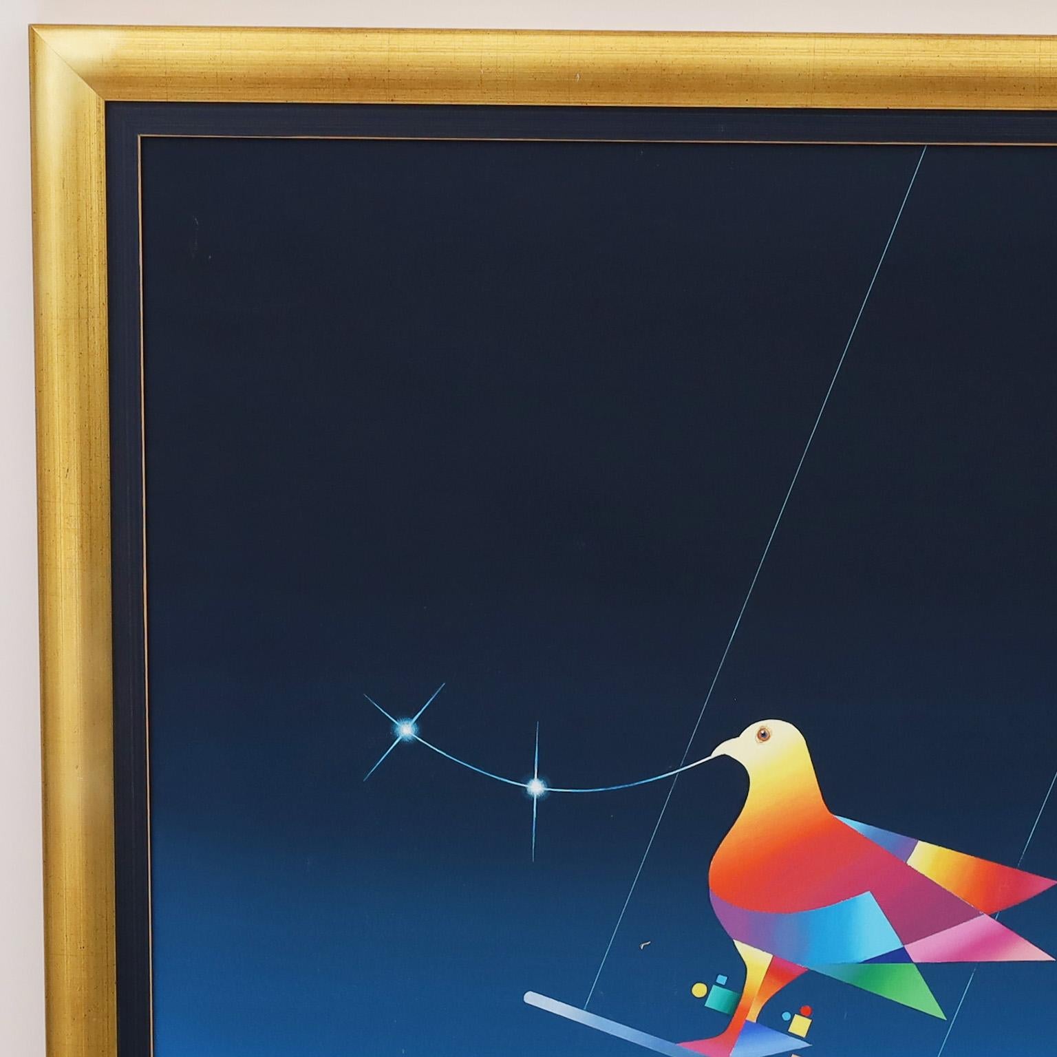 Eblouissante peinture à l'huile sur toile d'une colombe magique sur un trapèze avec des drapeaux sous une pleine lune. Exécuté dans un style surréaliste moderne. Signé par le célèbre artiste brésilien Braz Dias et présenté dans un cadre en bois doré.