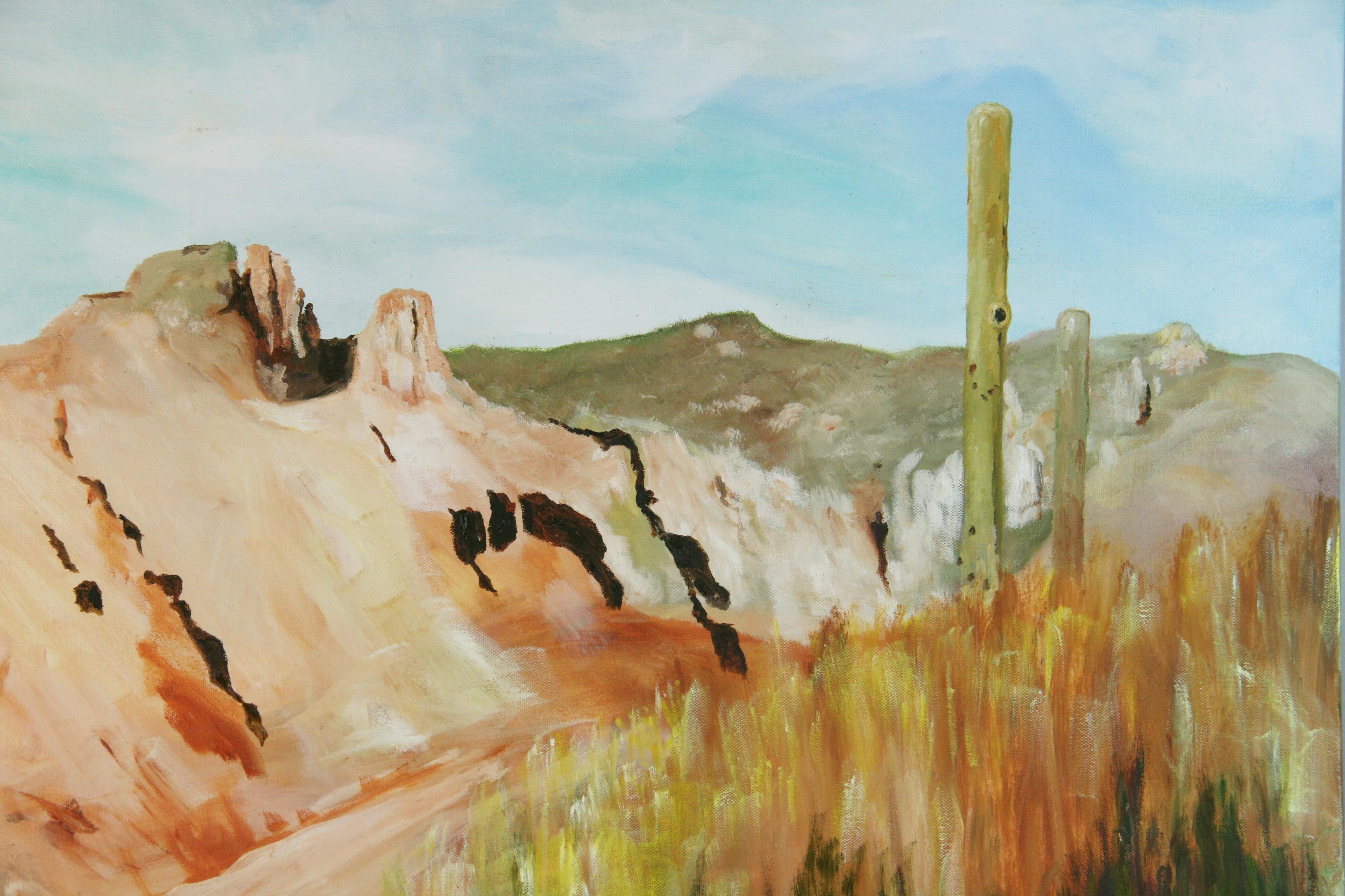 5207 Peinture à l'huile moderniste de grande taille, sur toile, d'un paysage désertique
Signé Robert Yaumola
Les bords sont peints, pas besoin de cadre
