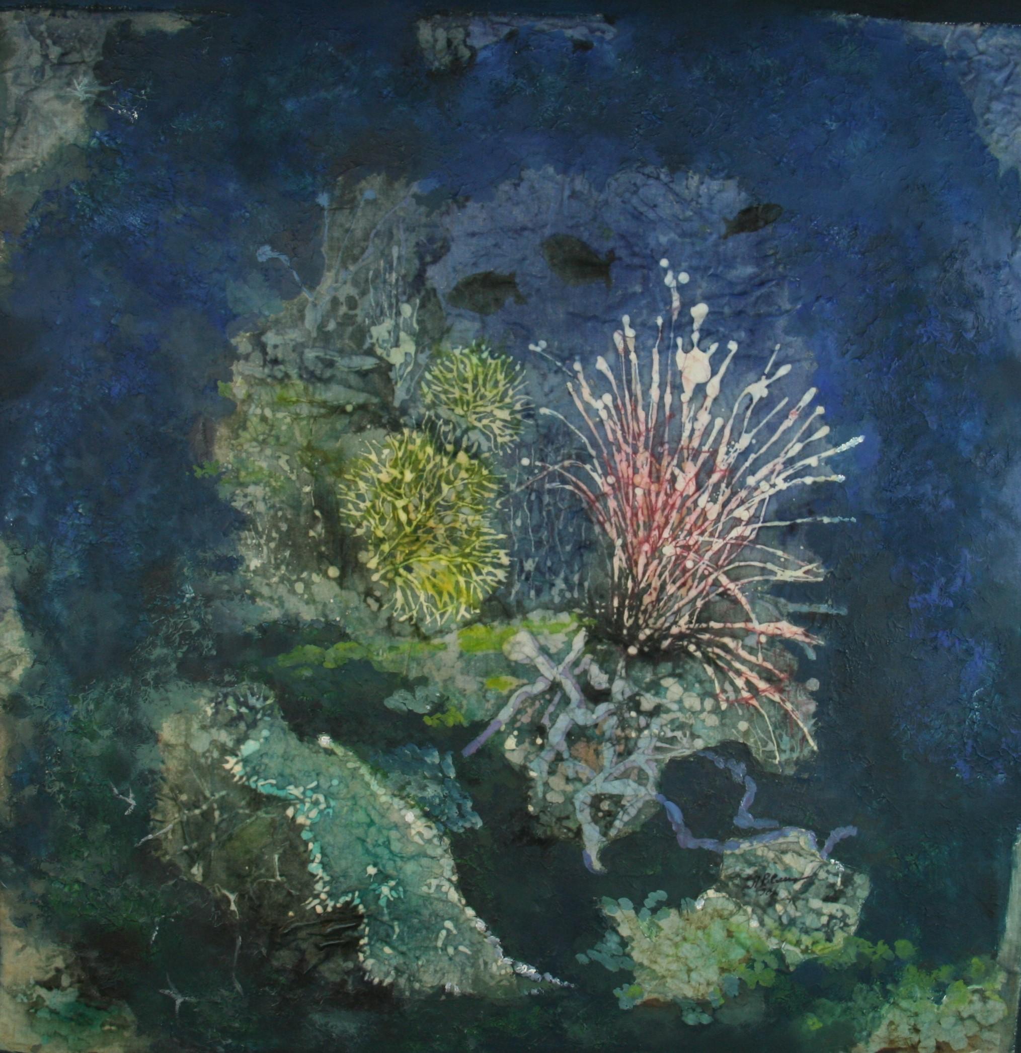 Paysage marin moderniste surdimensionné en corail sous l'eau - Noir Landscape Painting par Unknown