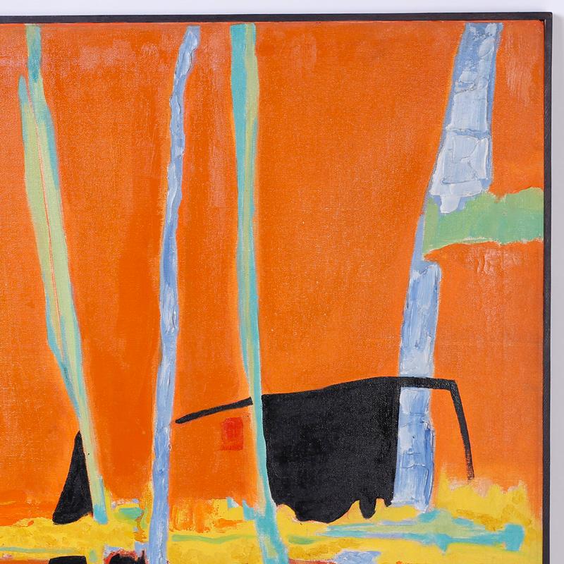Striking modernist painting on canvas with a hot palette that conveys a strong reference to the sun's energy. Signed in the upper left C. Rosenberg and titled on the back 