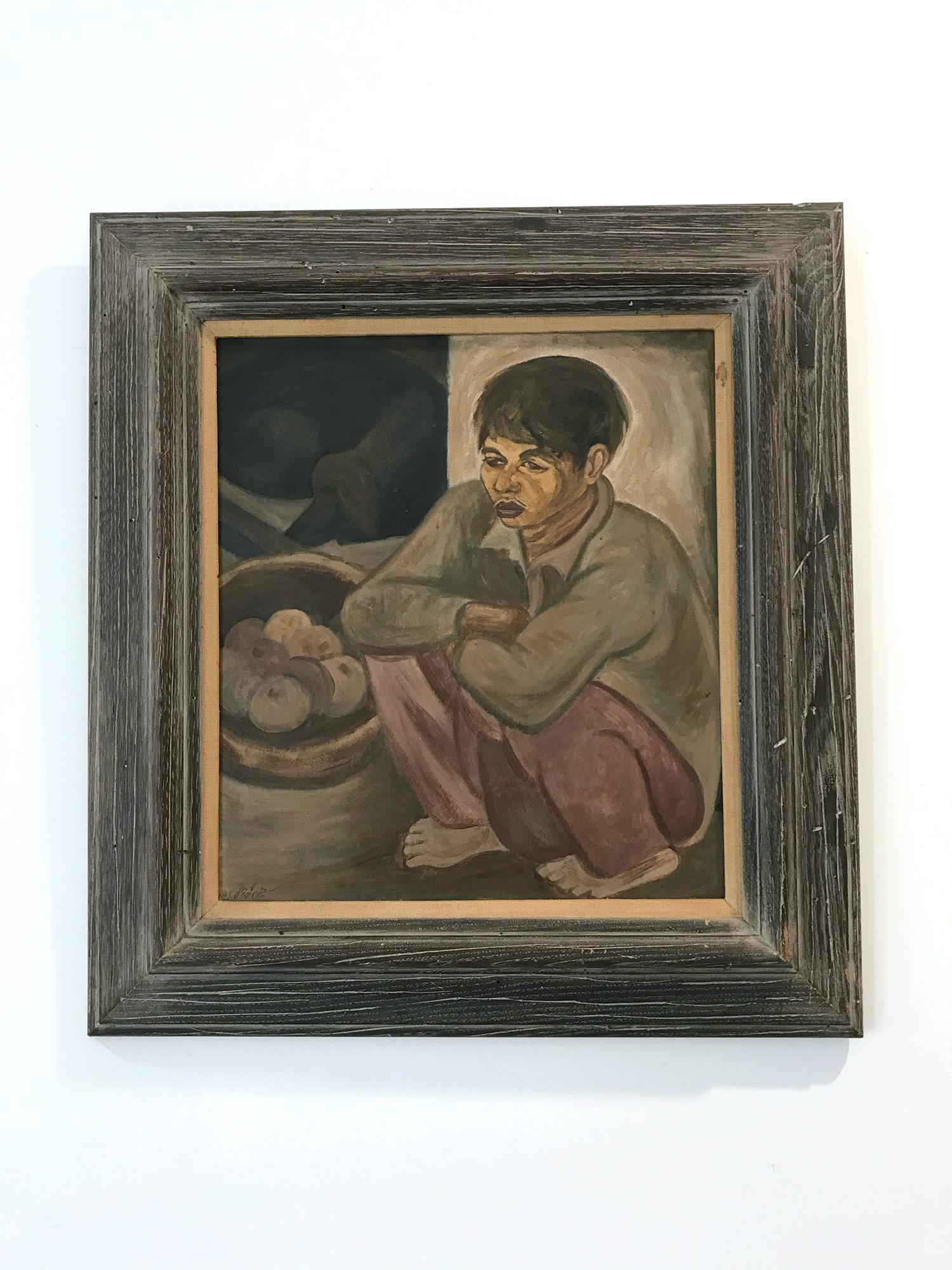 « Portrait moderniste, garçon assis » - Peinture à l'huile sur panneau du milieu du siècle dernier en vente 5