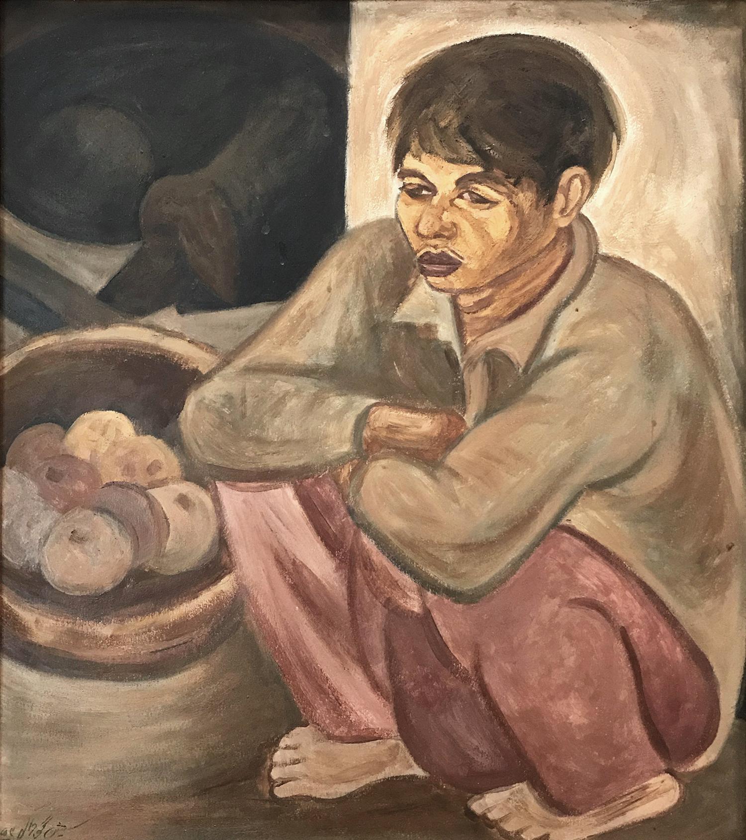 « Portrait moderniste, garçon assis » - Peinture à l'huile sur panneau du milieu du siècle dernier - Painting de Unknown