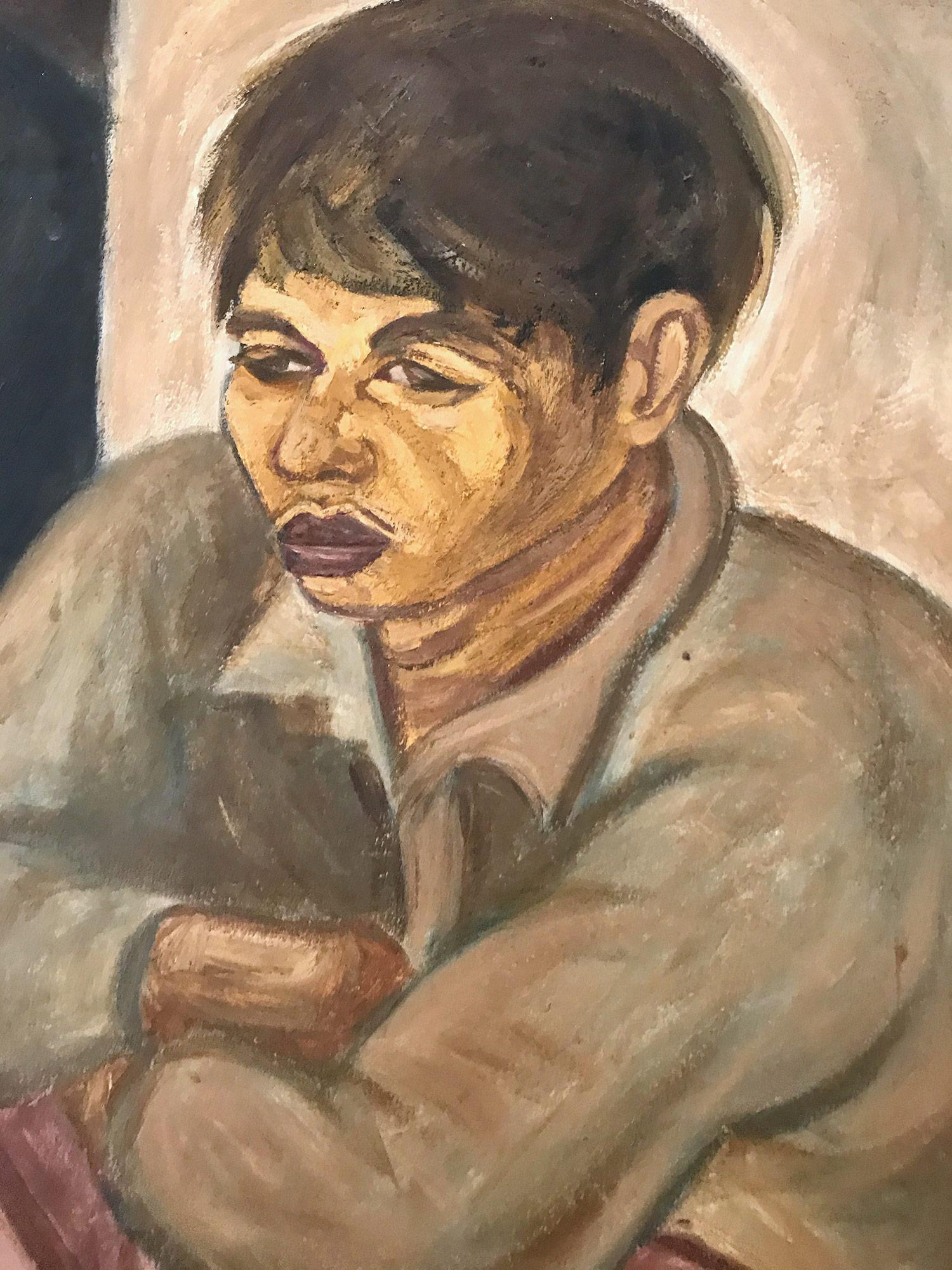 « Portrait moderniste, garçon assis » - Peinture à l'huile sur panneau du milieu du siècle dernier - Moderne Painting par Unknown
