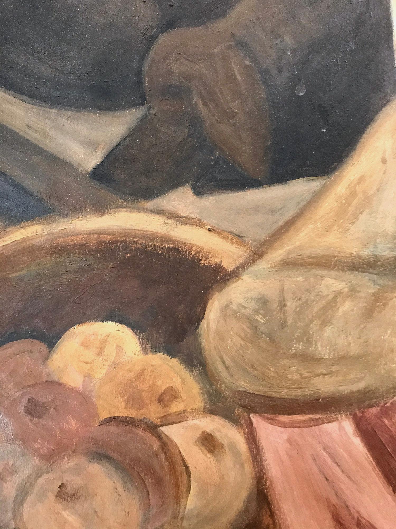 « Portrait moderniste, garçon assis » - Peinture à l'huile sur panneau du milieu du siècle dernier - Marron Figurative Painting par Unknown