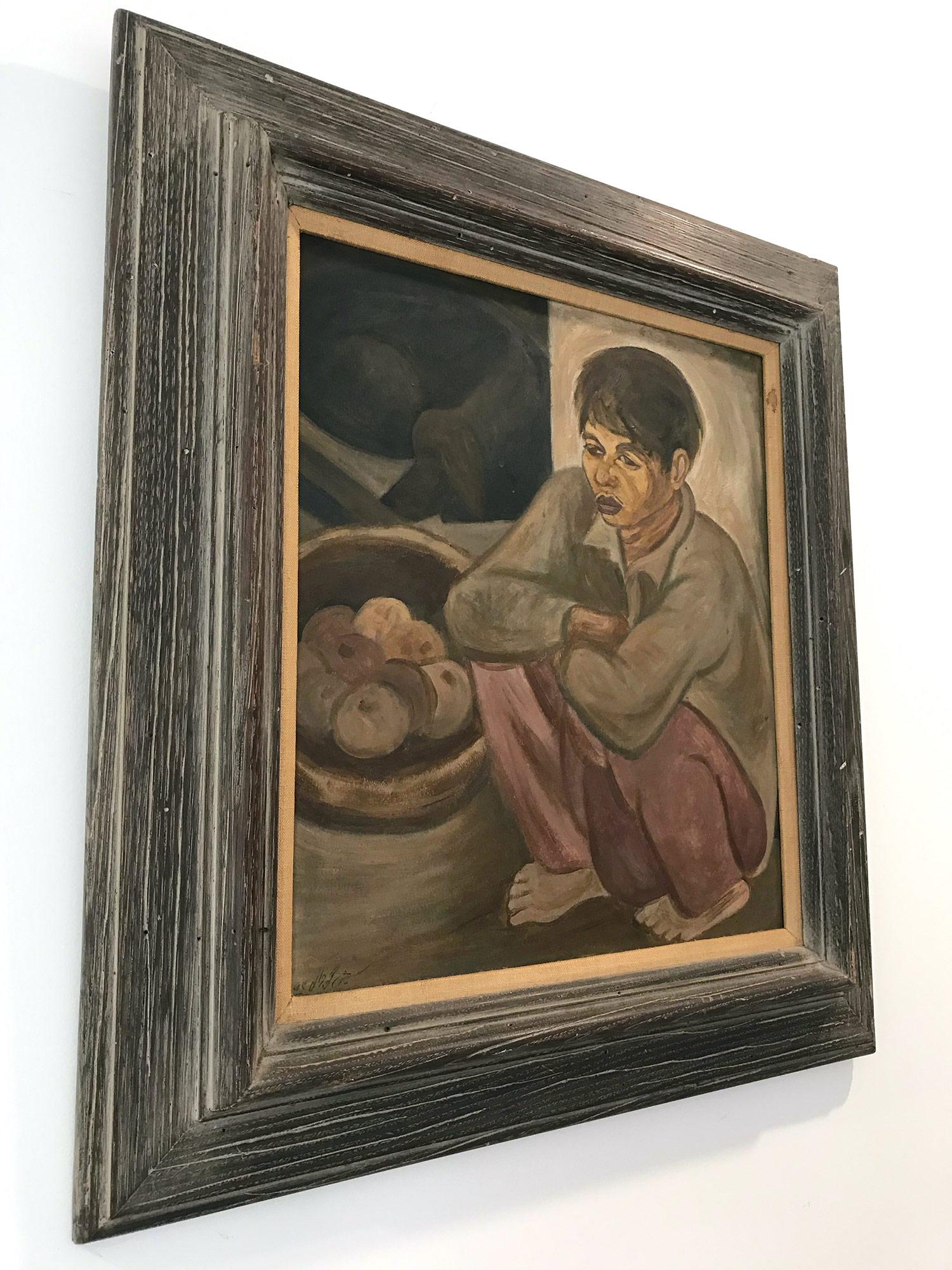 « Portrait moderniste, garçon assis » - Peinture à l'huile sur panneau du milieu du siècle dernier en vente 4