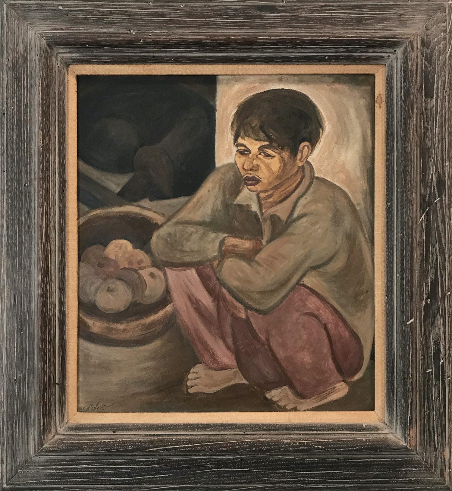 "Modernist Portrait, Boy Seated " Mid Century Oil Painting on Board