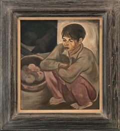 " Retrato Modernista, Chico Sentado " Pintura al óleo sobre tabla de mediados de siglo