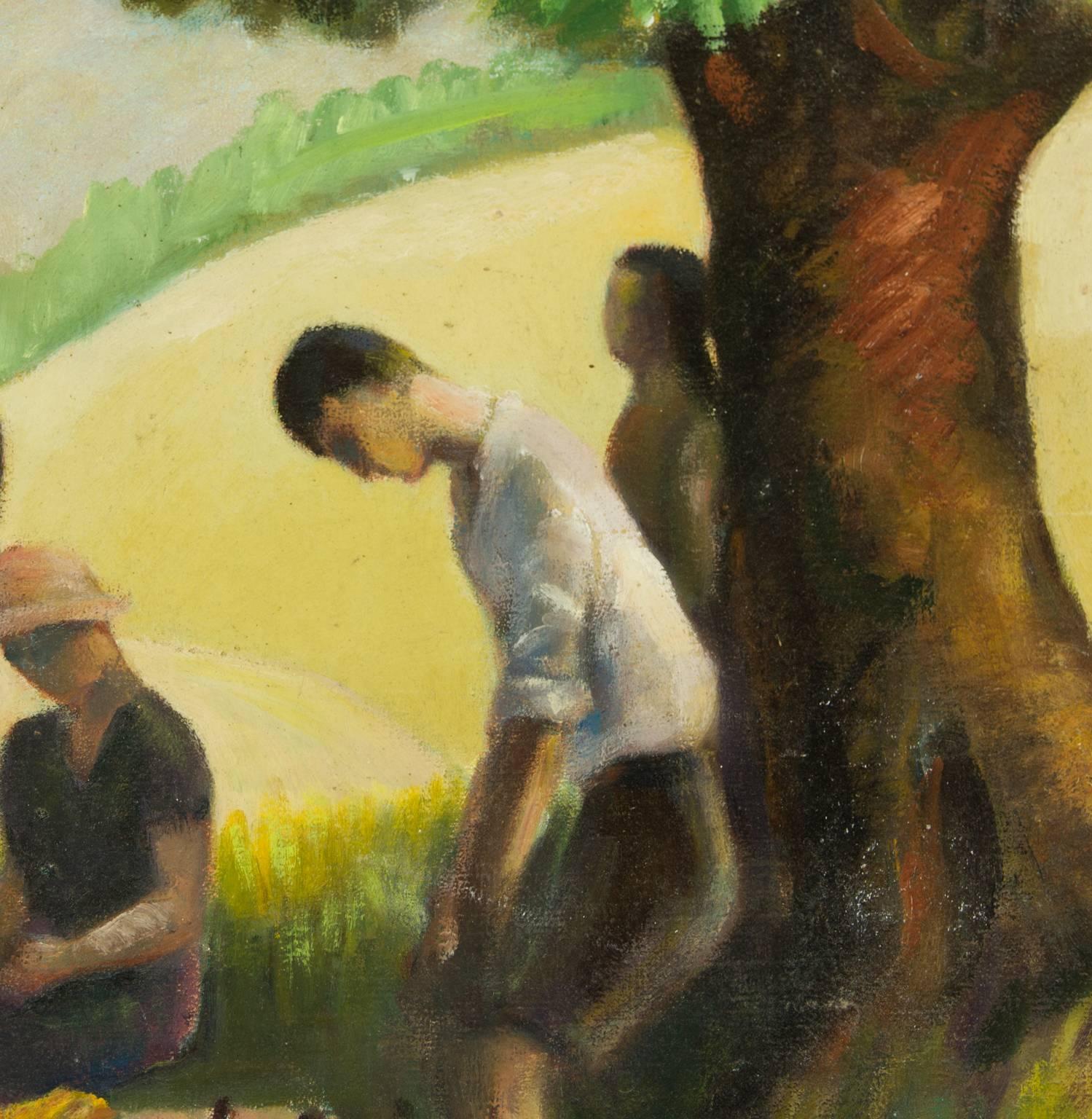 Modernist Spanish Mid 20th Century Oil - Figures at a Summer Picnic - Painting by Unknown