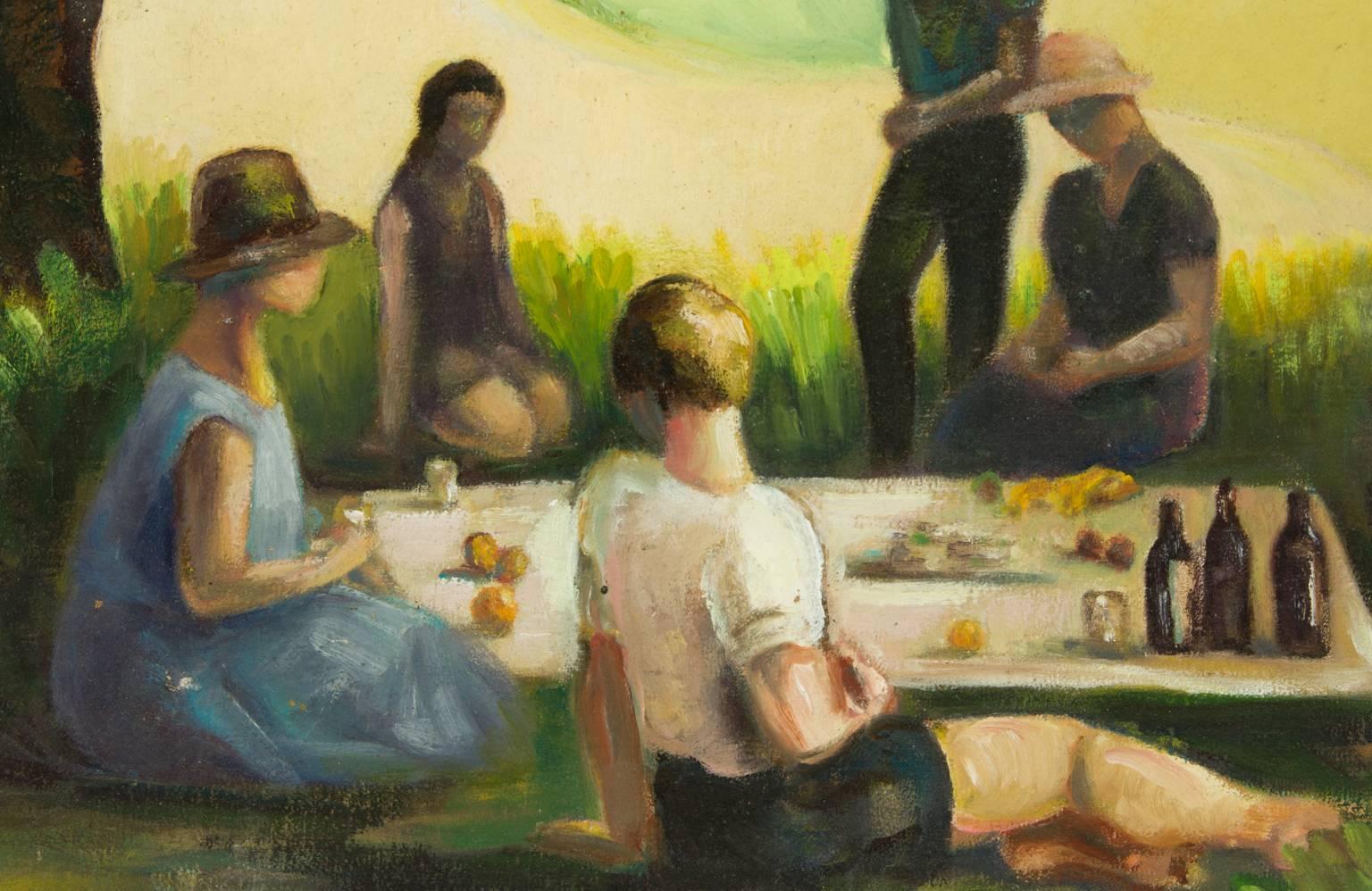 Modernist Spanish Mid 20th Century Oil - Figures at a Summer Picnic - Beige Landscape Painting by Unknown