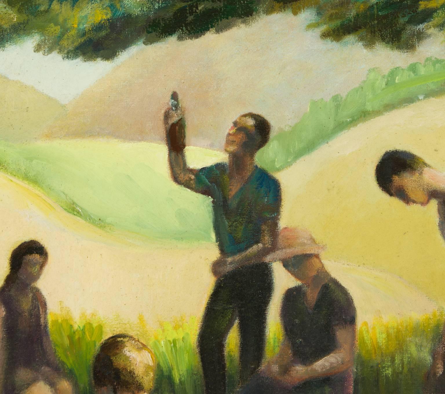A striking Spanish style mid 20th century modernist painting, depicting figures at a picnic under the shade of trees. Well presented in a wooden cream painted frame. The painting is unsigned and painted on board.

Image Size: 48.5 x 59cm (19.1