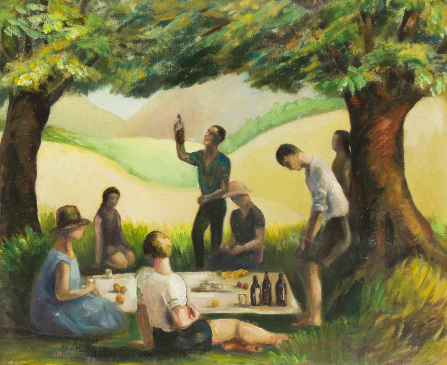 Modernist Spanish Mid 20th Century Oil - Figures at a Summer Picnic 1