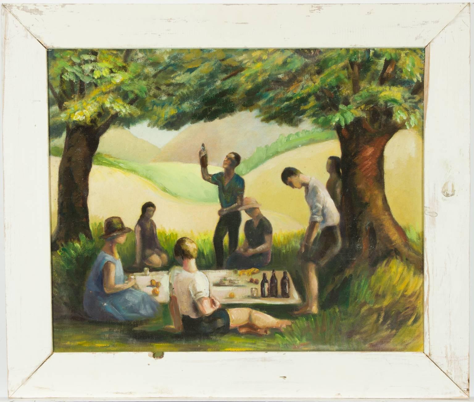 Unknown Landscape Painting - Modernist Spanish Mid 20th Century Oil - Figures at a Summer Picnic